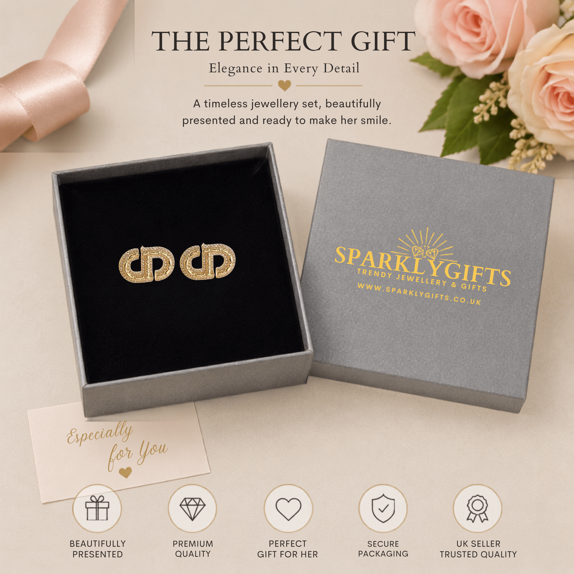 Geometric D-Shaped Pavé Stud Earrings with AAAAA Cubic Zirconia