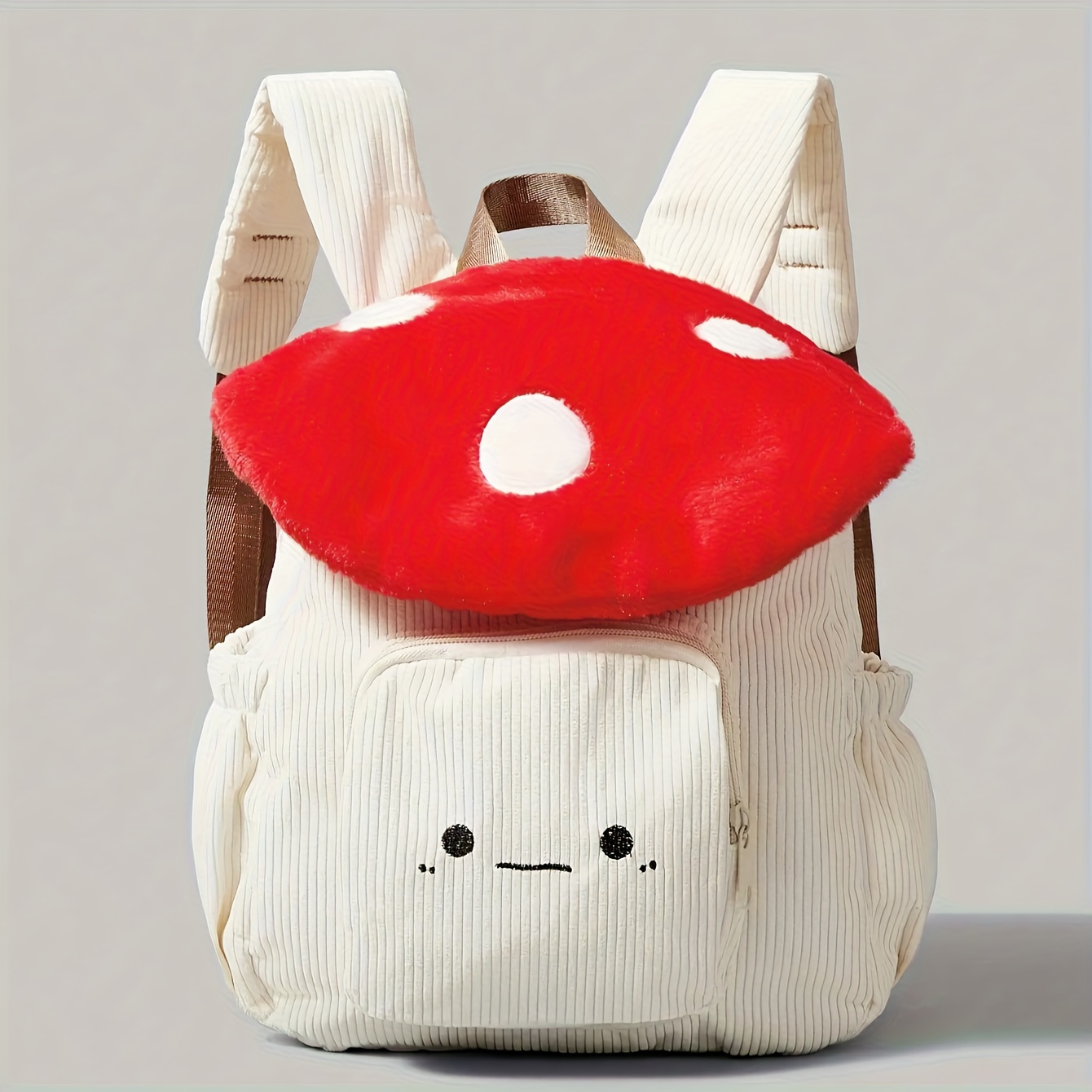 TEMU 1pc Cute Cartoon Mushroom Plush Backpack Women's Style, Sweet Striped Design Adjustable Shoulder Straps Bag
