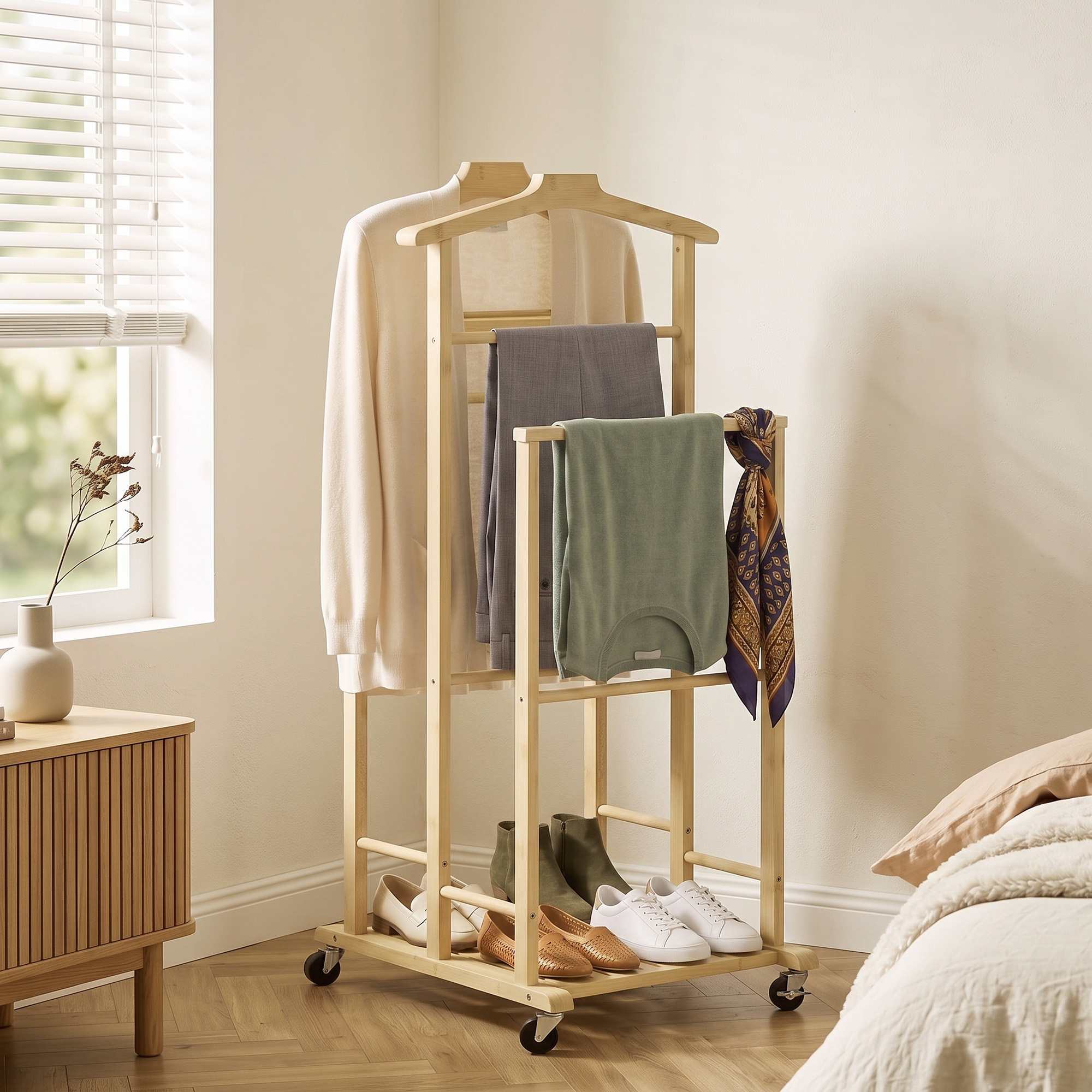 Image of Clothes Rack With Wheels, Bamboo Coat Rack With Clothes Rods, Shoe Rack, Storage Shelf Coat Stand With Pant Hanger For Bedroom, Exhibitions, Laundry Room, Oak