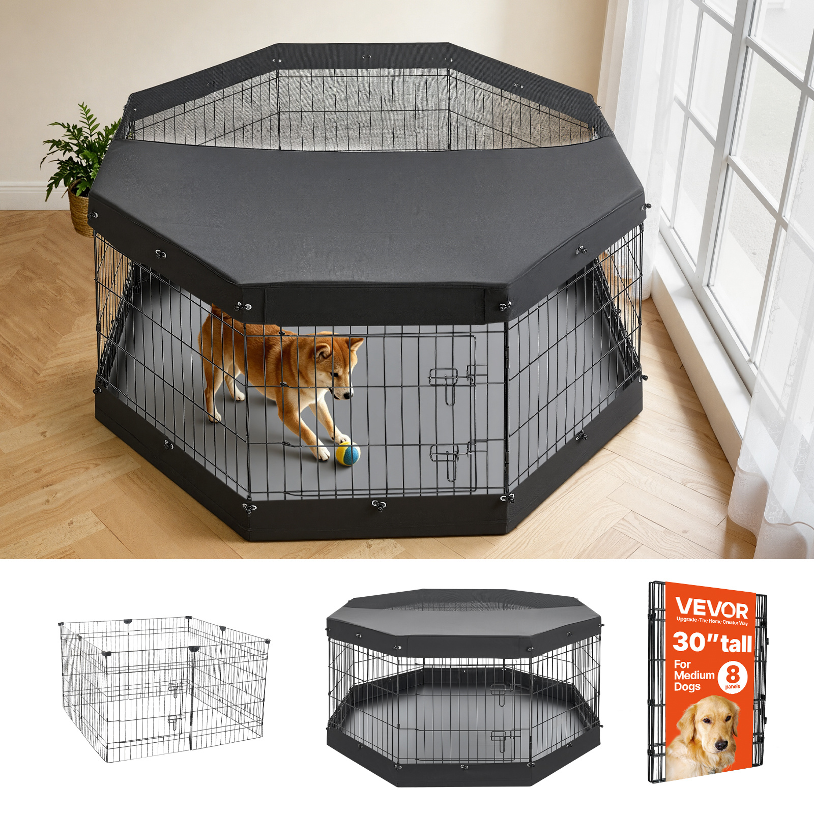 TEMU Vevor Dog Playpen 30 Inch 8 Panels Exercise Pen With Top Cover & Bottom Pad, Indoor Foldable Fence With Door, Heavy Duty Puppy Crate Kennel Pen