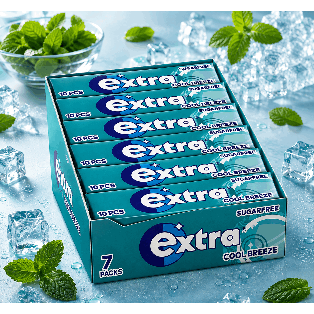 TEMU Extra Chewing Gum Sugar Free Cool Breeze X10 Pieces - Pack Of 07- Value Pack