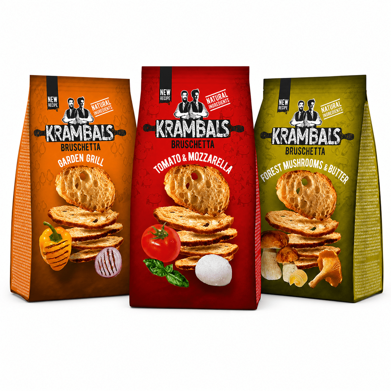 Image of Krambals Bruschetta Tasting Pack – 3 X 70 G: Garden Grill, Tomato & Mozzarella, Forest Mushrooms & Butter