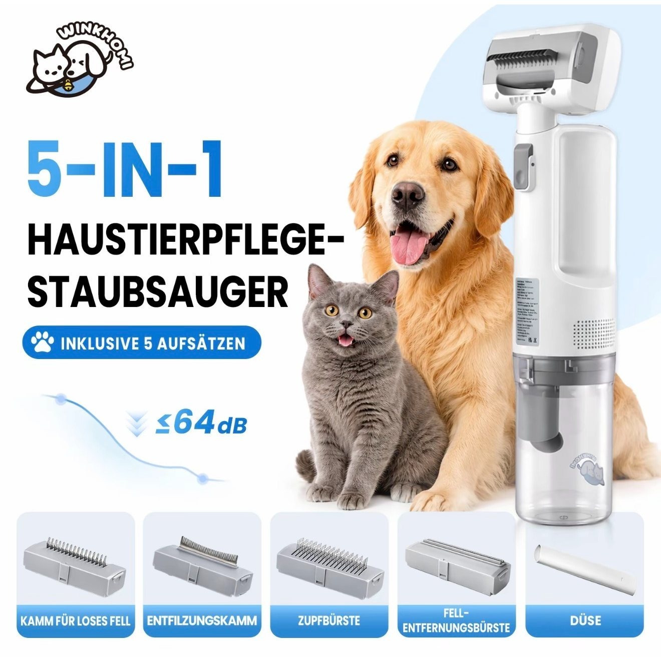 Cordless Vacuum Cleaner For Pet Hair, 5 Attachments, 3 Suction Levels, Usb Rechargeable, For Dogs, Cats, Sofa, Clothing And Car