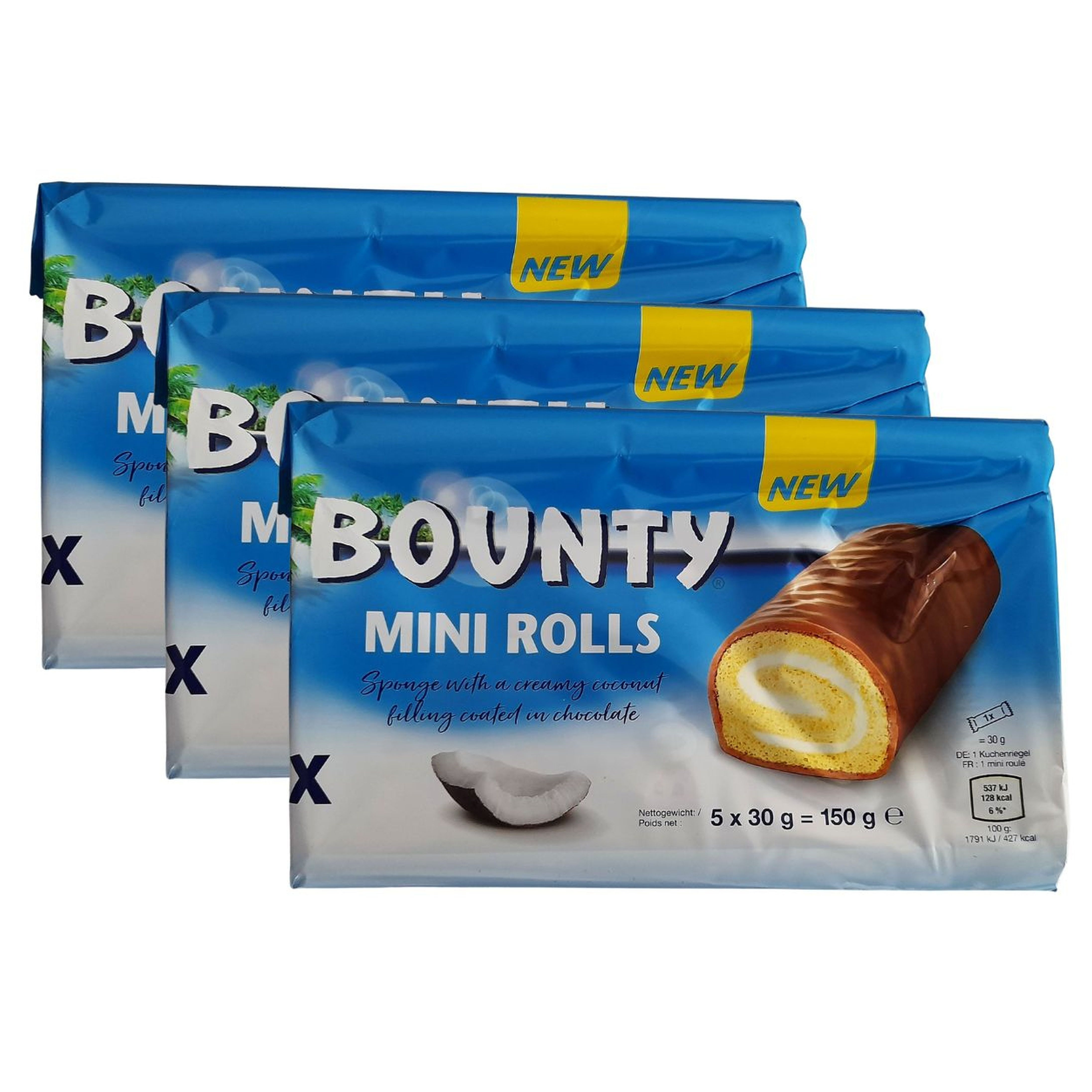 Image of Bounty Mini Rolls 3 X 150 G - 15 Individually Wrapped Mini Swiss Rolls - Soft Biscuit With Creamy Coconut Filling And Chocolate Coating - Snack For On-the-go, Office & Home