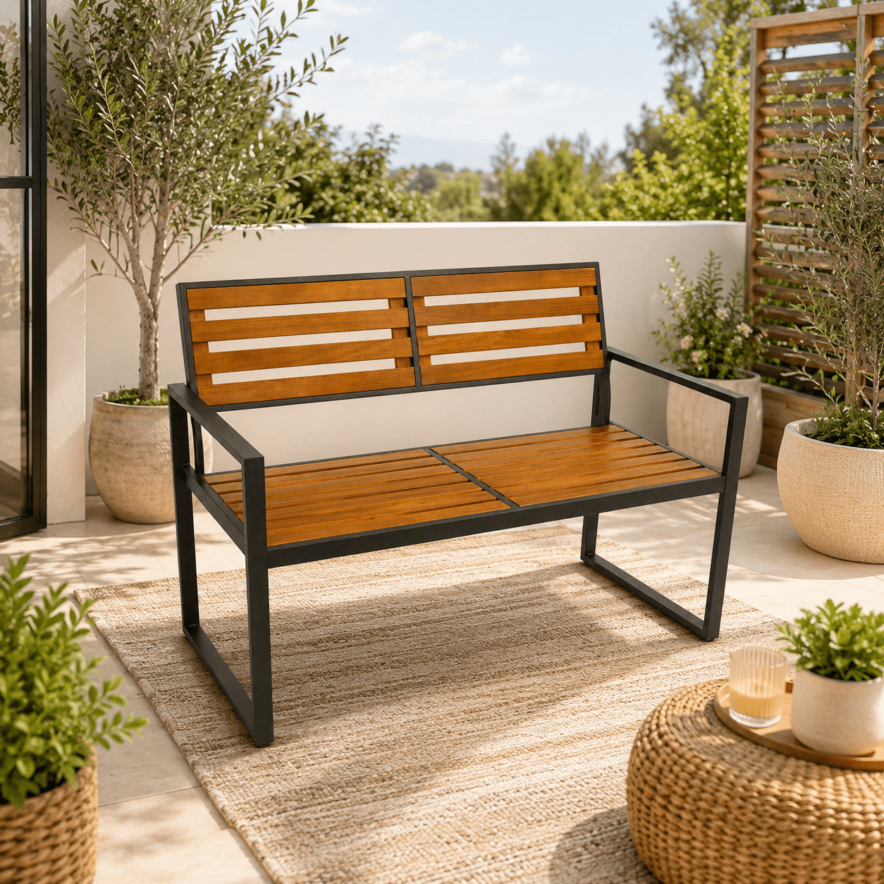 Image of 2-seater Garden Bench 123 Cm Made Of Acacia – Weather-resistant Wooden Bench With Backrest, -colored Frame For Garden & Balcony