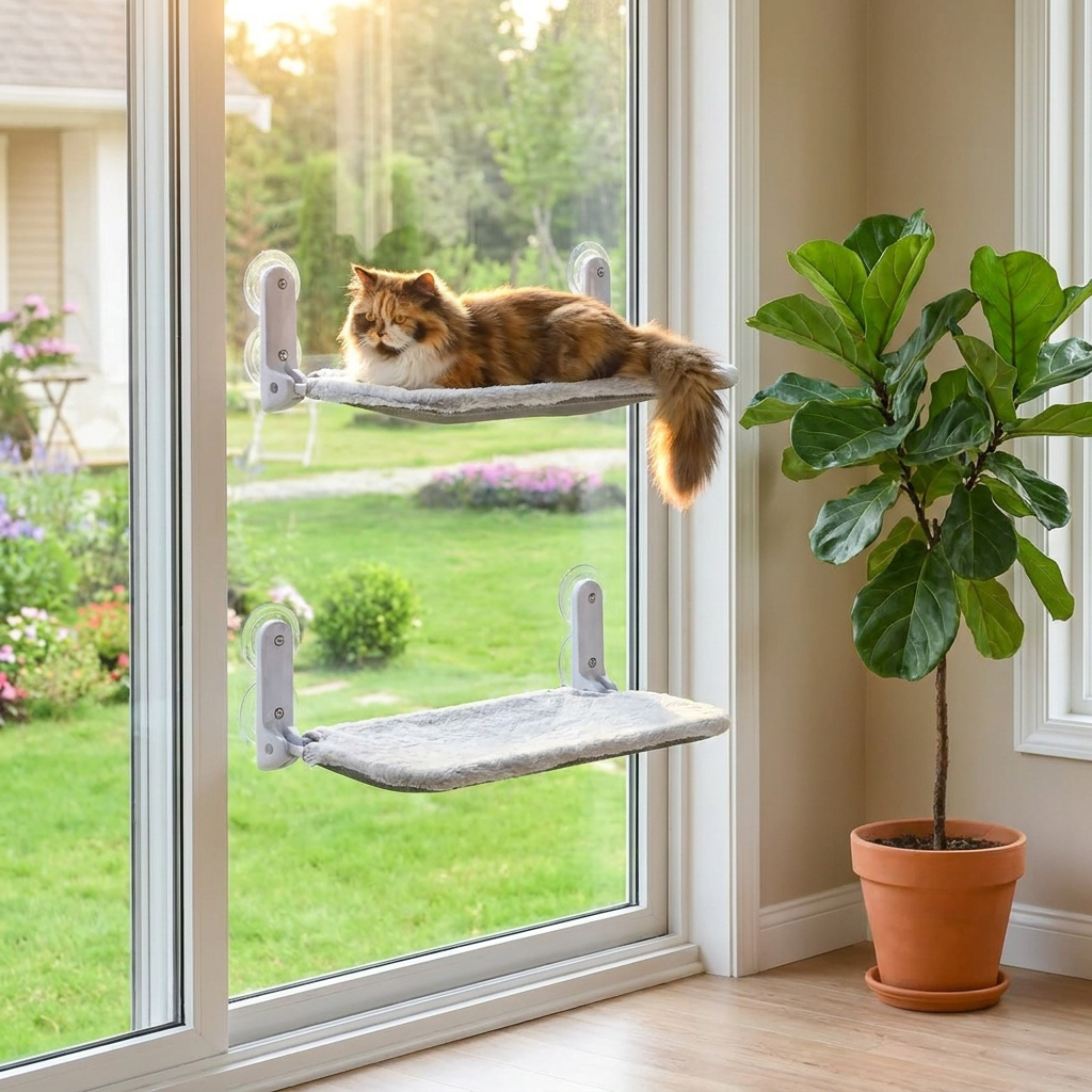 Wireless Foldable Cat Window Perch, Reinforced Metal Frame Cat Window Hammock With 2‑in‑1 Reversible Rabbit Plush & Mesh Cover, Suction Cup Cat For Indoor Cats Watching View