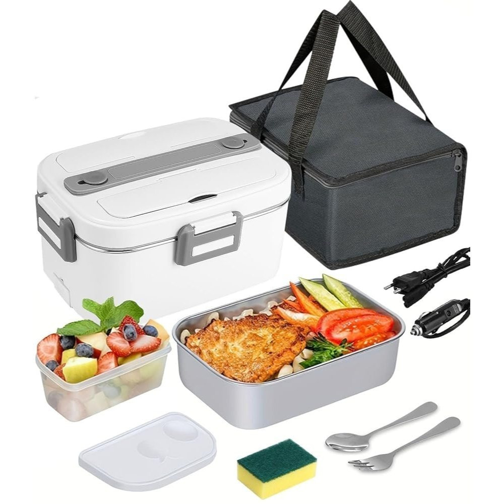 Image of 3‑in‑1 Electric Heating Lunch Box, 12v/24v/220v Car & Home Use Heated Lunch Box, 1.8l+0.45l 304 Stainless Steel Portable Food Warmer With Insulated Bag, Leak‑proof For Office Truck Driver Commuter