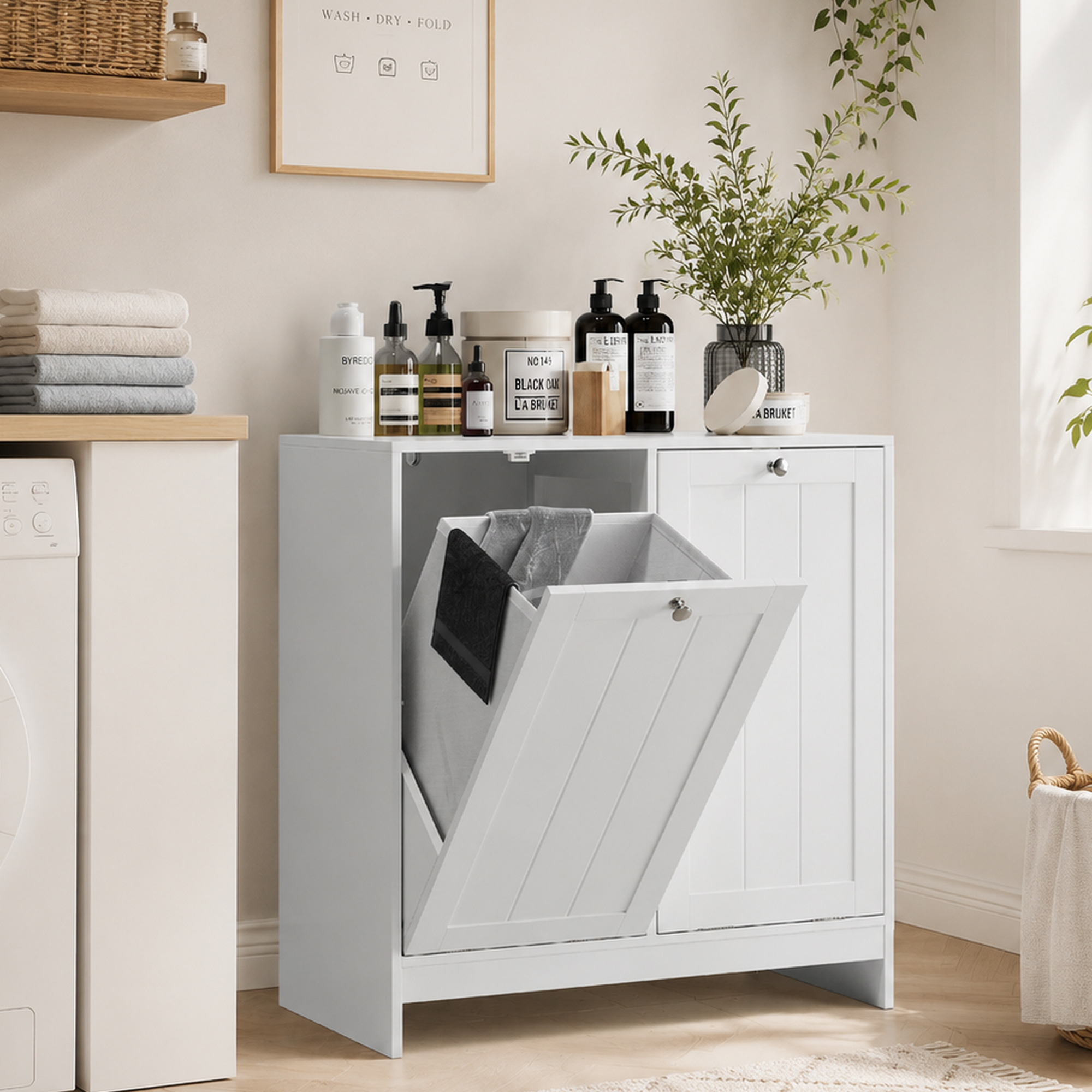 Image of A Laundry Cabinet With 2 Baskets - A White, Categorized Laundry Cabinet With Tilt Safety, Suitable For Bathrooms And Laundry Kitchens.