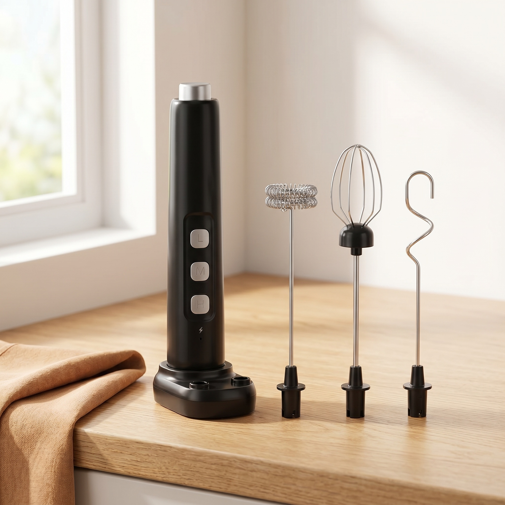 Image of Rechargeable 3-in-1 Milk Frother With 1200mah Battery, 3-speed Electric Hand Mixer With 3 Interchangeable Attachments, Usb-rechargeable Coffee Milk Frother For Cappuccino Latte