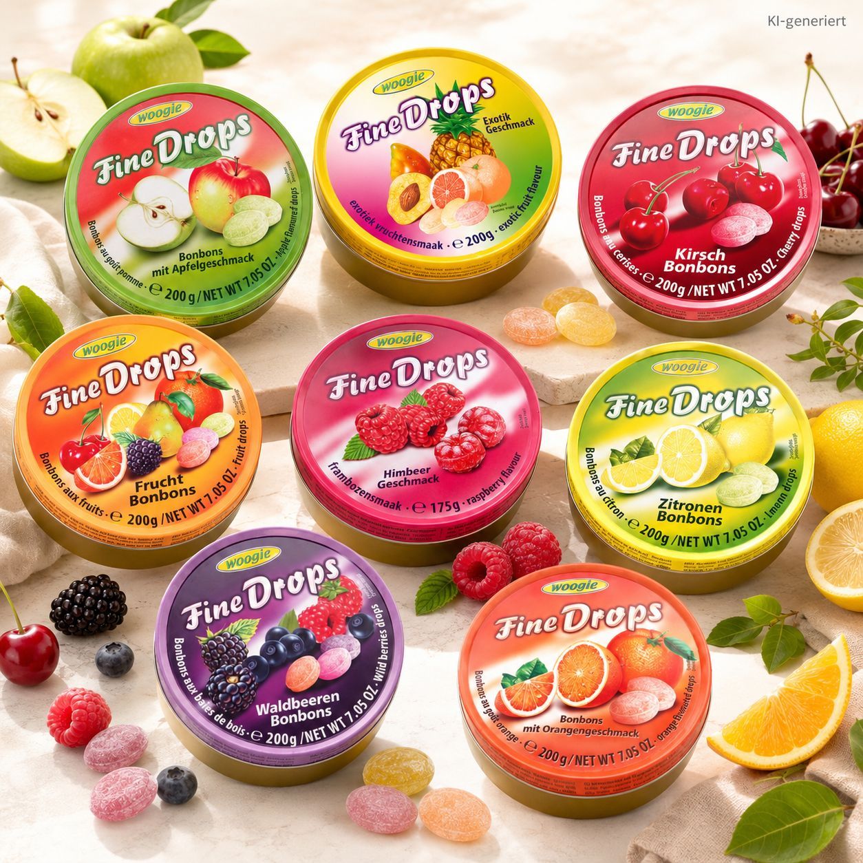 Image of Woogie Fine Drops 8-piece Set – 8 Different Varieties Of Fruit Candies – , Exotic, Cherry, Fruit, Raspberry, Lemon, Wild Berry & Orange – Candy Mix In Tins – 1.575 Kg