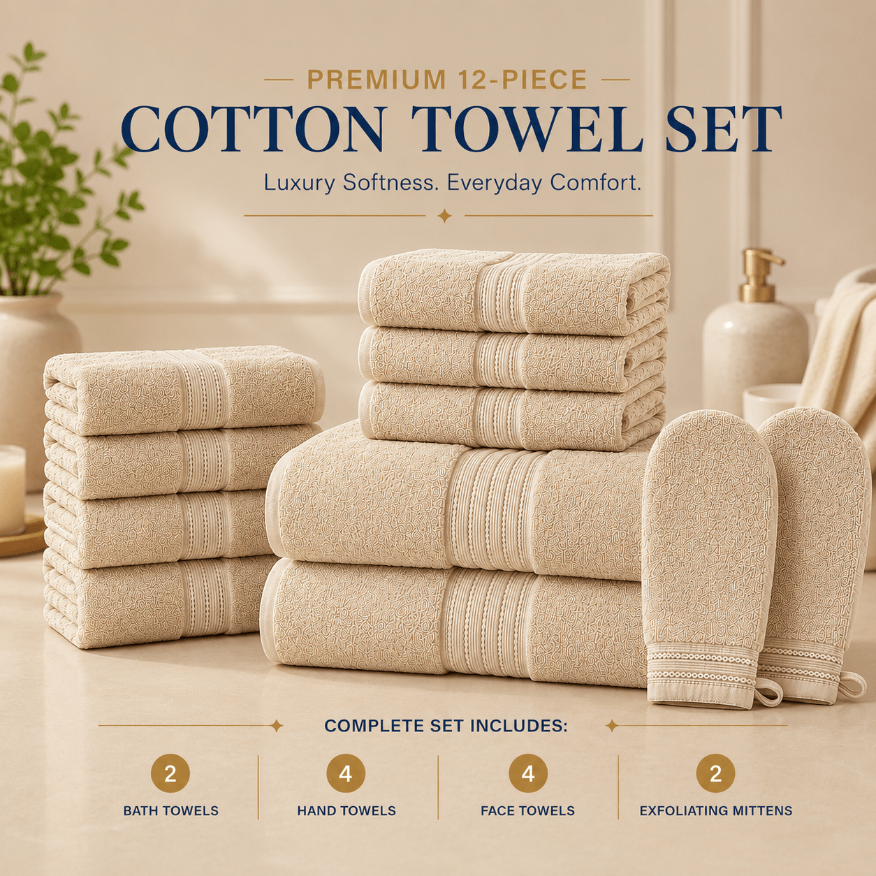 TEMU 12pcs Premium Cotton Towel Bale Set – Luxury - Absorbent Bathroom Towels Pack: Includes 2 Bath Towels, 4 Hand Towels, 4 Face Cloths & 2 Washing