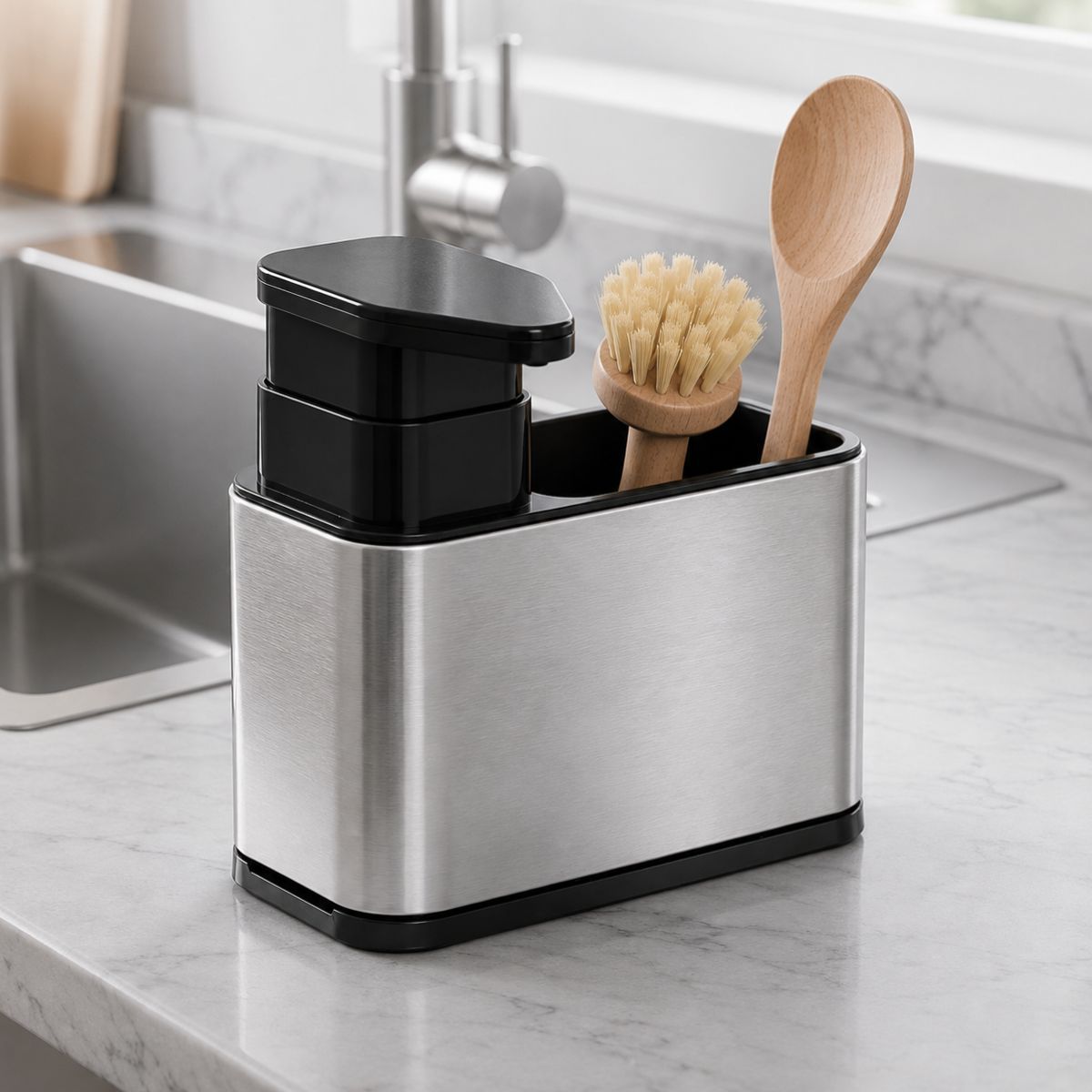 TEMU Dosificador de Jabón para Cocina con Compartimento para Esponja, Dispensador de Detergente de Acero Inoxidable con Bandeja de Goteo Extraíble,