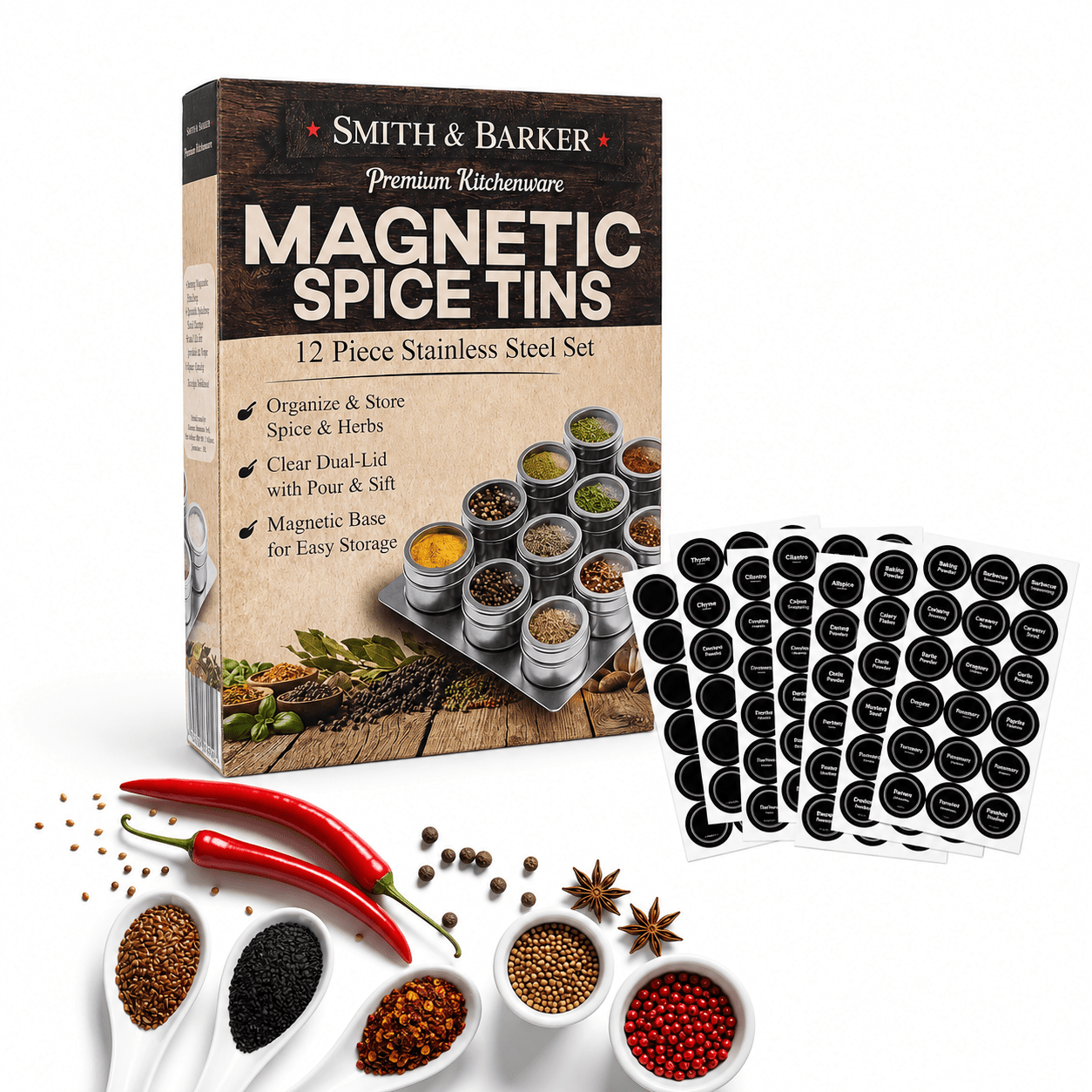 TEMU & Barker - [magnetic Spice] Set Of 12 Magnetic Spice Jars | Stainless Steel | Creative And Visually Appealing Way To Store | Home Use | Kitchen