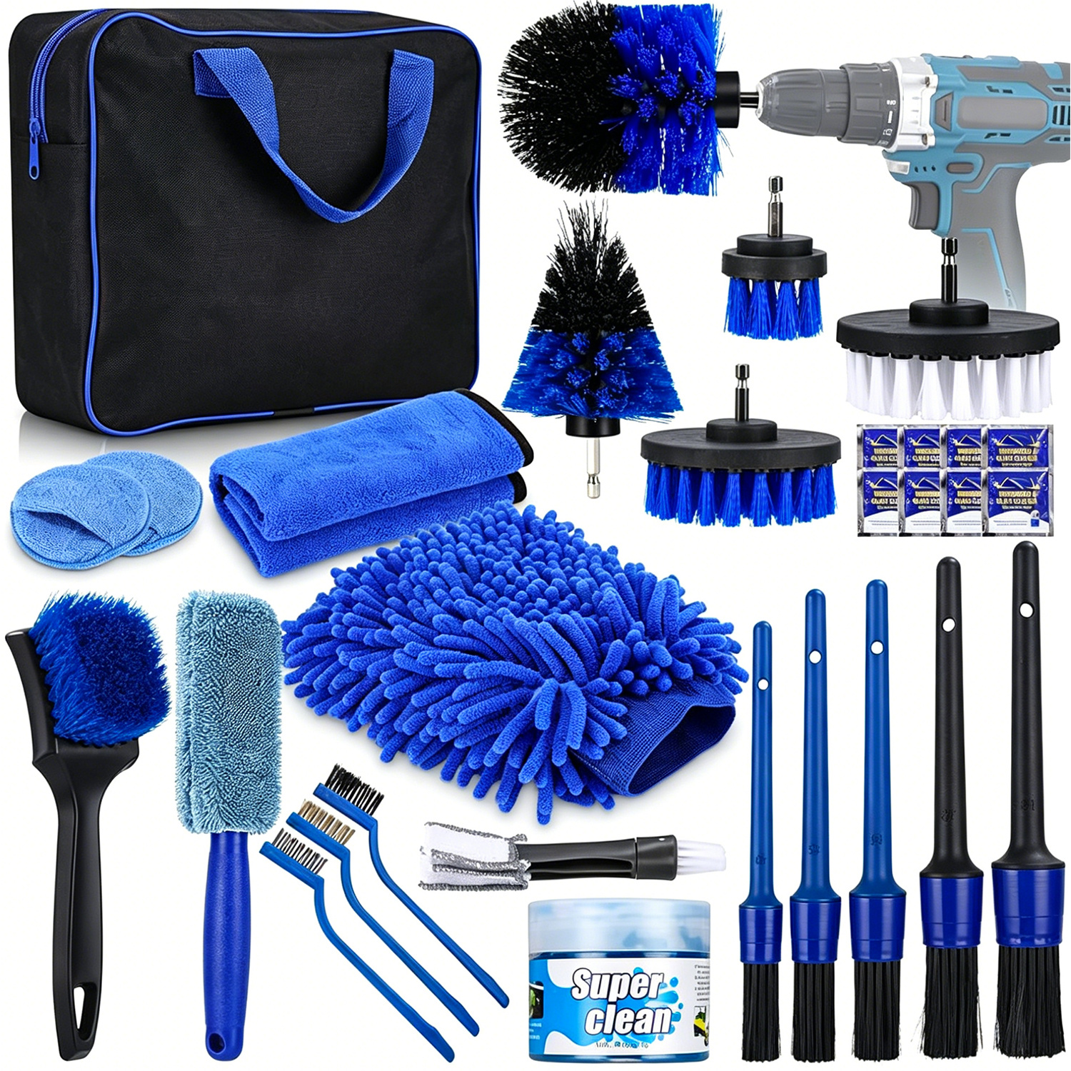 Of Car Detail Kit, Car With Storage Bag, Car Interior And Exterior Cleaning Supplies, Wheel Brushes, Detail Brushes, Fiber Towels, Wheel Washing Tools, Dashboard, Ventilation