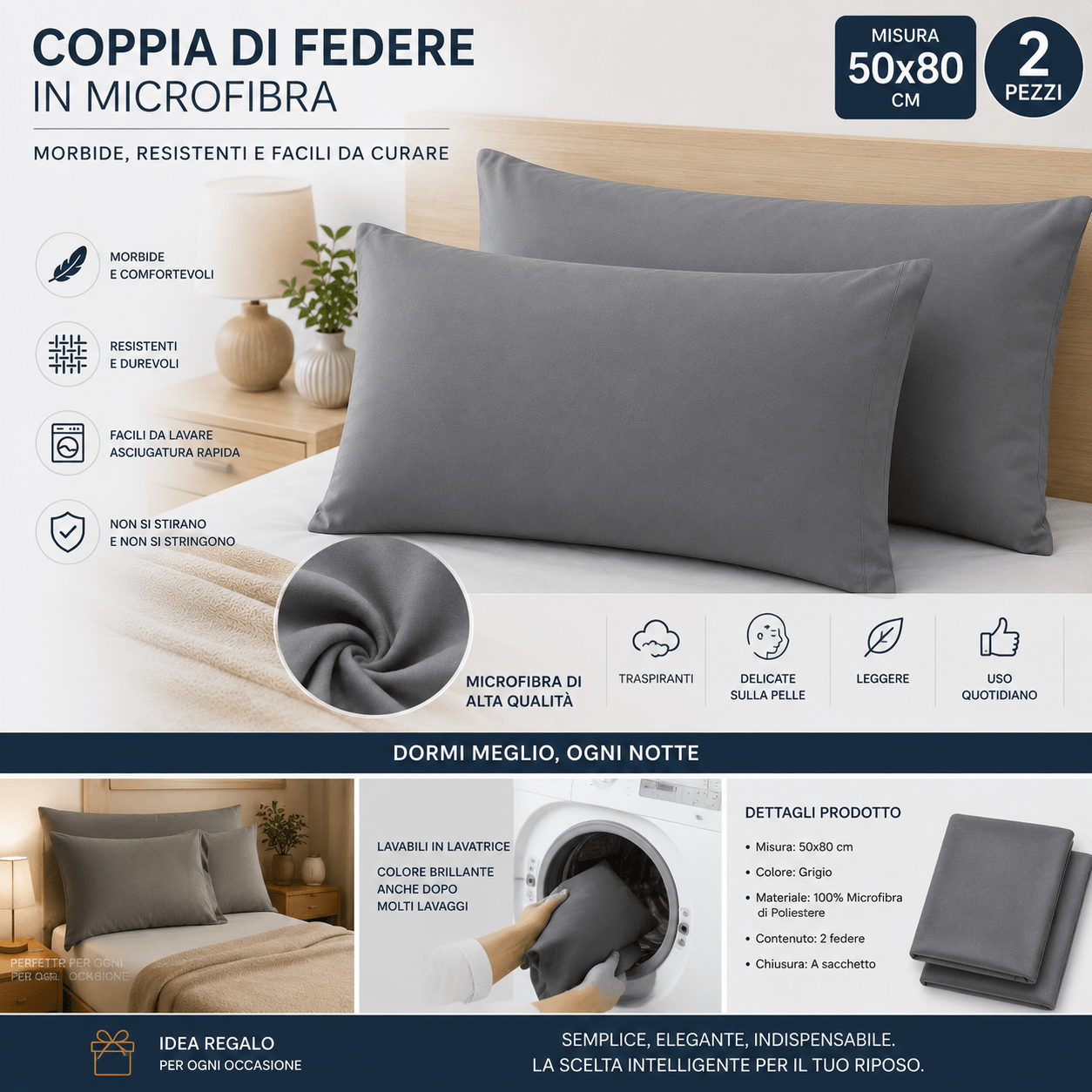 TEMU 2 Federe Cuscino 50x80 cm in Microfibra , Morbide e Resistenti, Facili da Lavare, Chiusura a Sacchetto