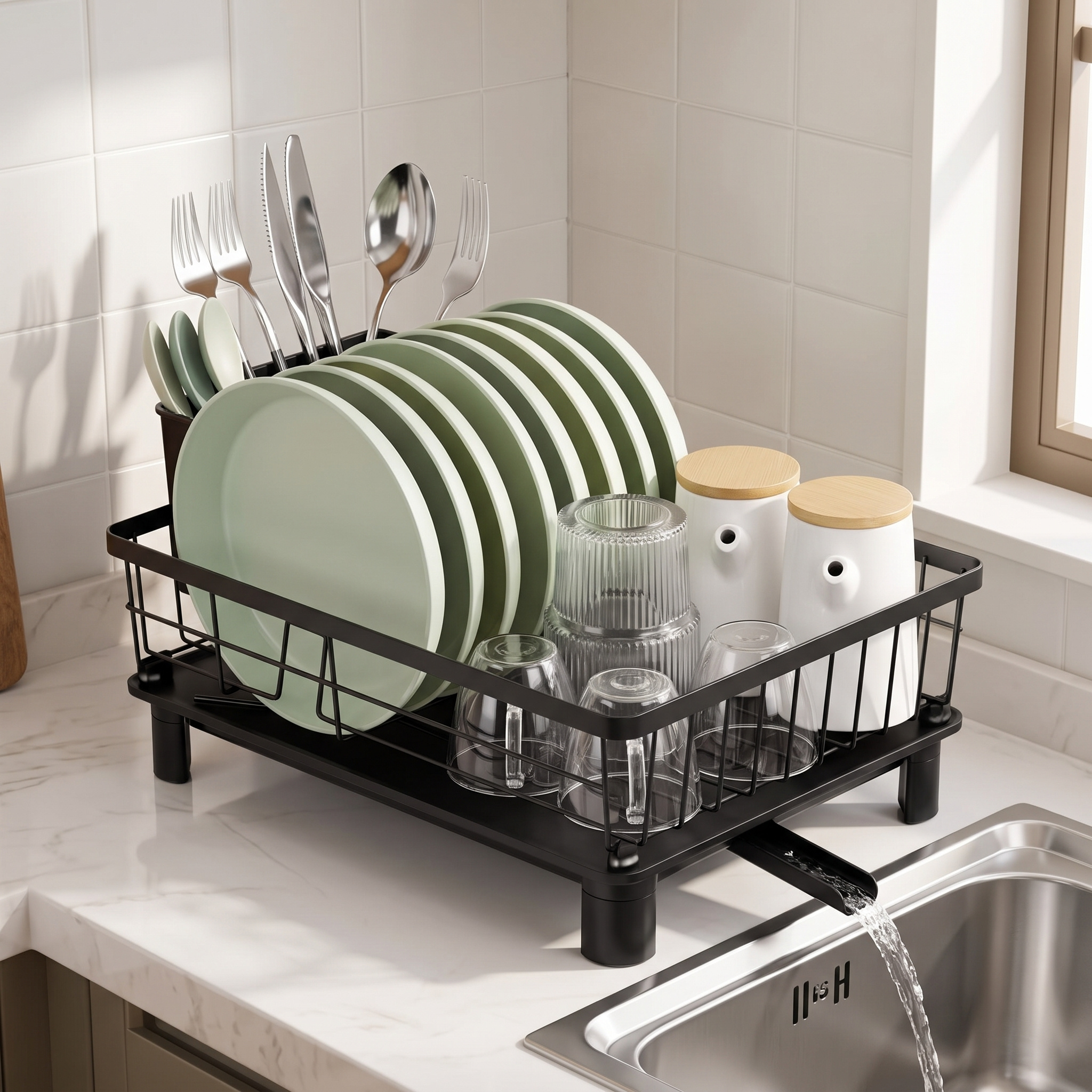 Image of Large Capacity Kitchen Dish Rack With 360° Rotating Drainage, Anti-rust Tableware Drying Holder, Multifunctional Countertop Dish Organizer For Kitchen Storage