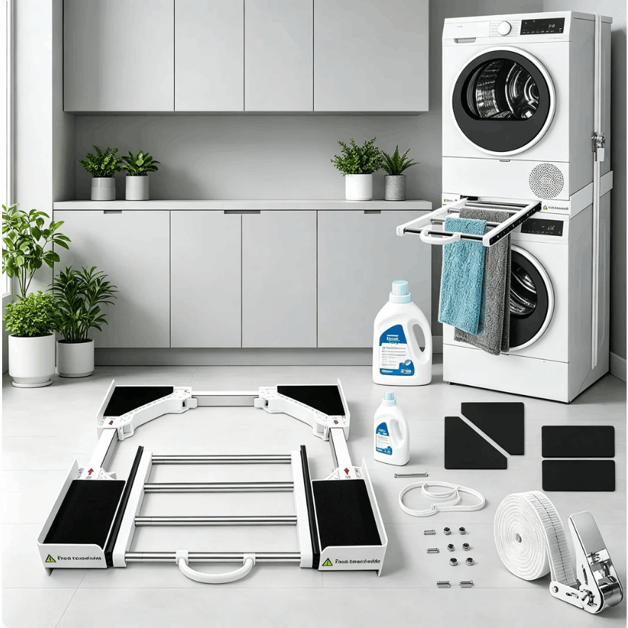 51-76cm Adjustable Washer Dryer Stacking Frame, Universal Stable Connecting Bracket With Retractable Towel Rail For Laundry Room