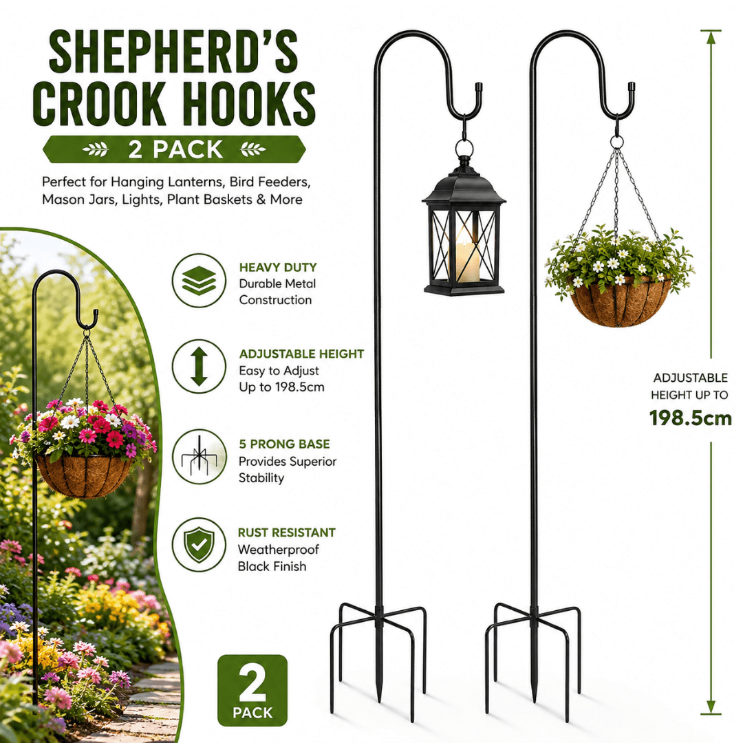 TEMU 2 Pack Heavy Duty Hooks (adjustable Up To 198.5cm) – Ultra-stable 5-prong Base Metal Garden Hanger Stand | Rust-resistant Weatherproof Black