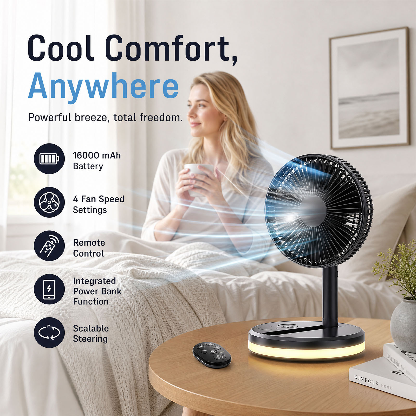 7.87" Portable Oscillating Fan, 16000mah Rechargeable Battery With Timer | Foldable, 8 Speed Settings, Remote, Led Light, For Home Bedroom Outdoor Camping Travel