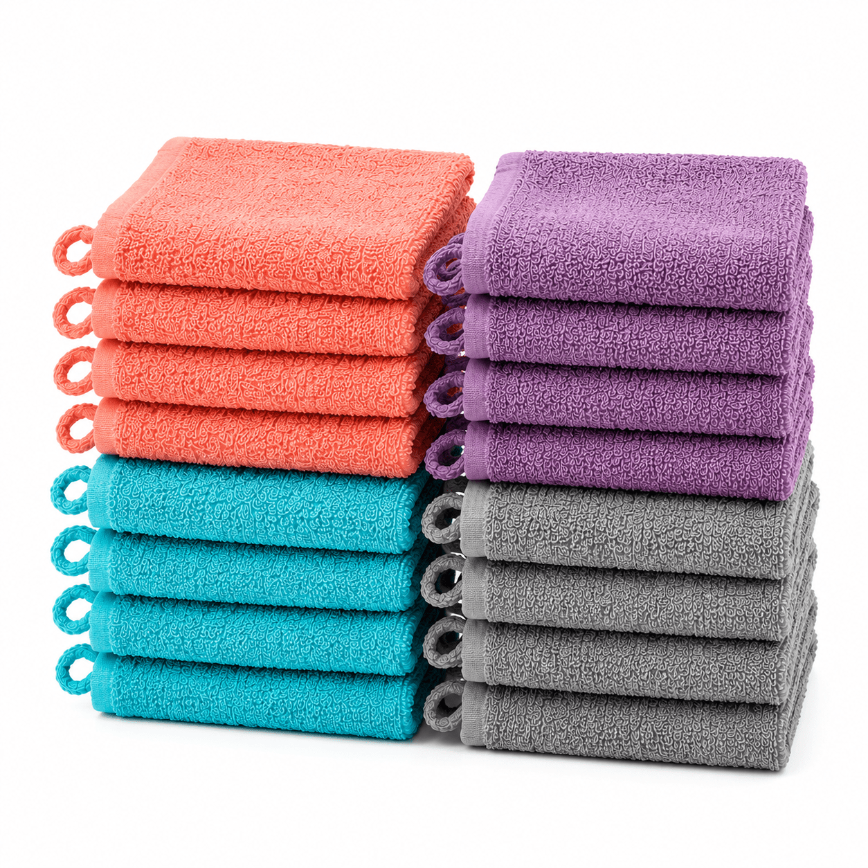 TEMU Lot de 16 Gants de Toilette 100 % Coton – 500 g/m² – 16 x 21 cm – 4 Couleurs Assorties (4 , 4 Violet, 4 Bleu Turquoise, 4 )