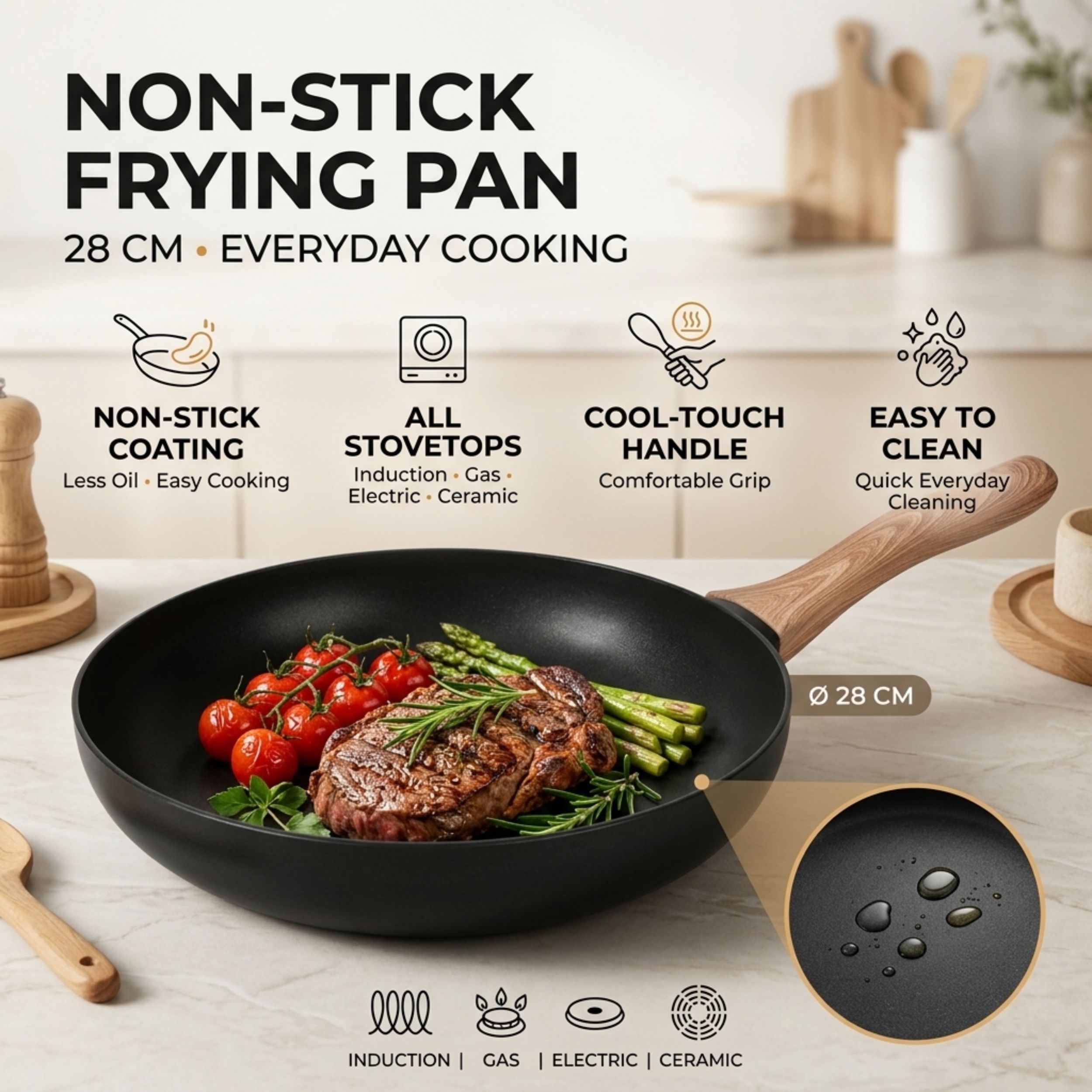 Image of Aluminum Frying Pan For Low-fat Cooking, Featuring A Heat-resistant Wood-like Handle. Suitable For Gas, Induction, Electric, And Ceramic Stoves. Ideal For Steaks, Eggs, Pancakes, And Breakfast Dishes