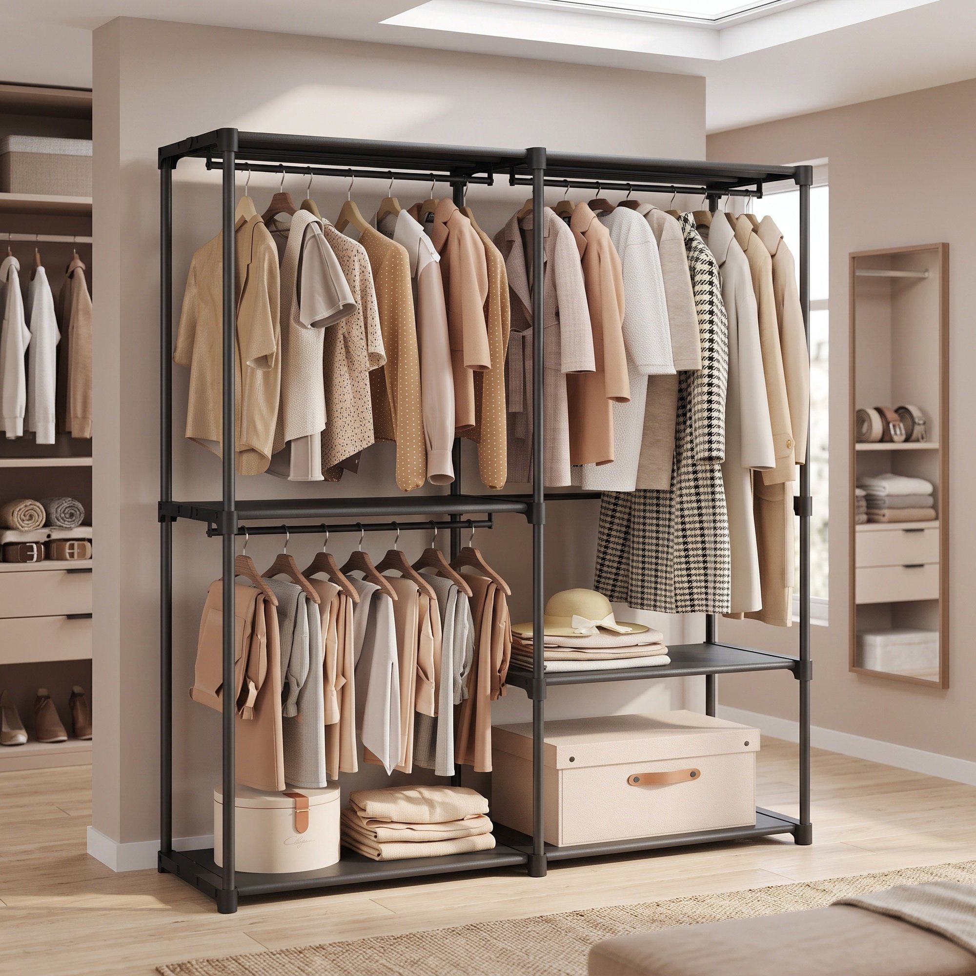 TEMU Open Wardrobe With 3 Hanging Rods And 3 Shelves, 138 X 182 Cm, Black