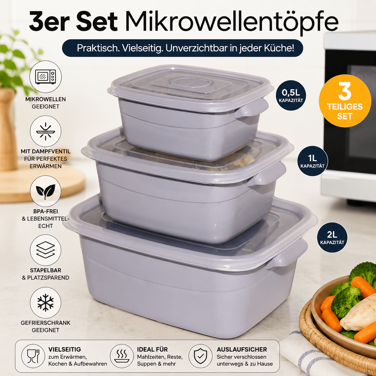 Image of 3pcs Microwave Bowl Set With Lid & Steam Vent - 0.5l 1l 2l - Microwave Cookware For Heating Cooking Storing - Stackable - Kitchen Container