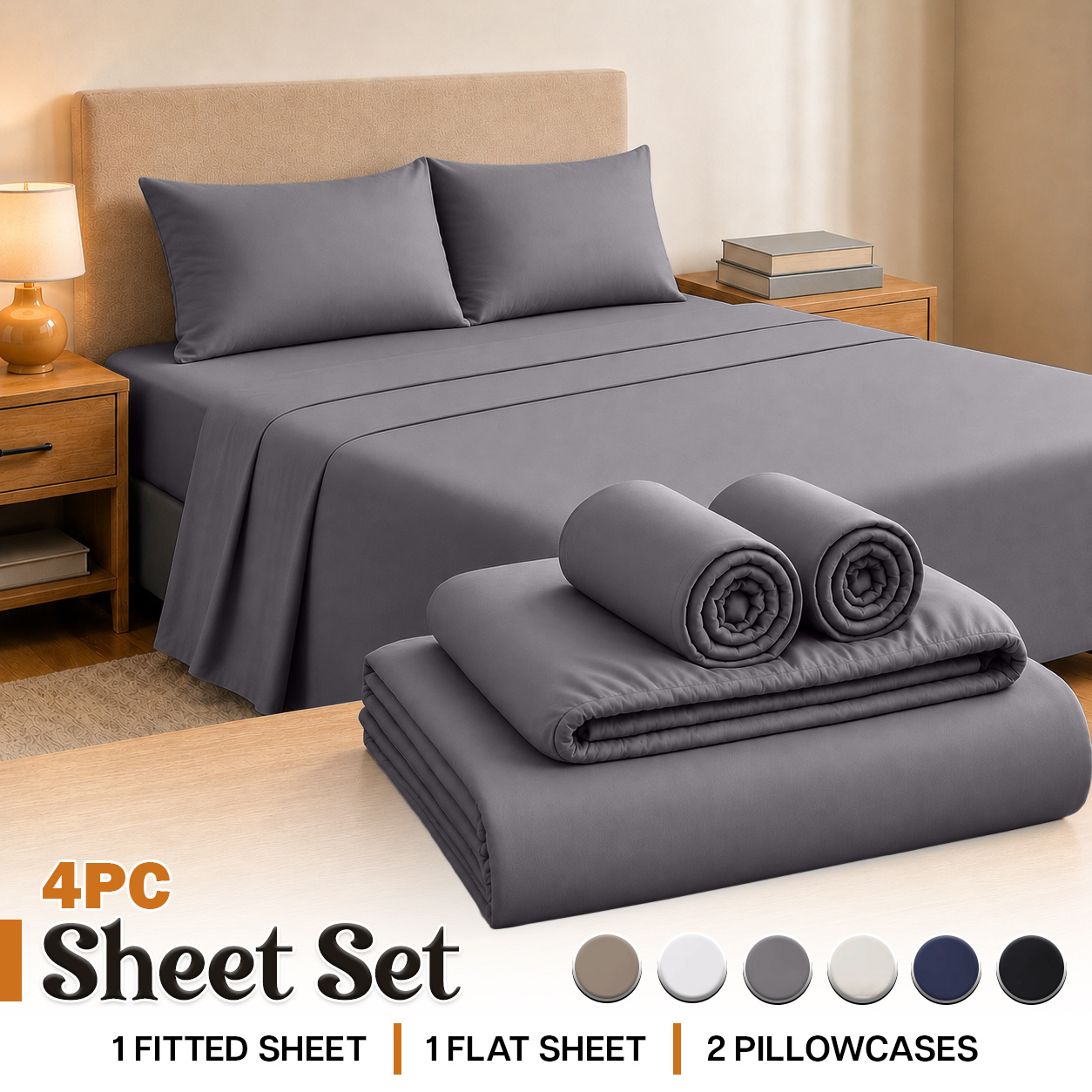 TEMU 4pcs Flannel Bed Sheet Set, Included 1pc Deep Pocket Fitted Sheet, 1pc Flat Sheet & 2 Matching Pillowcases, Soft & Breathable, Wear-resistant,