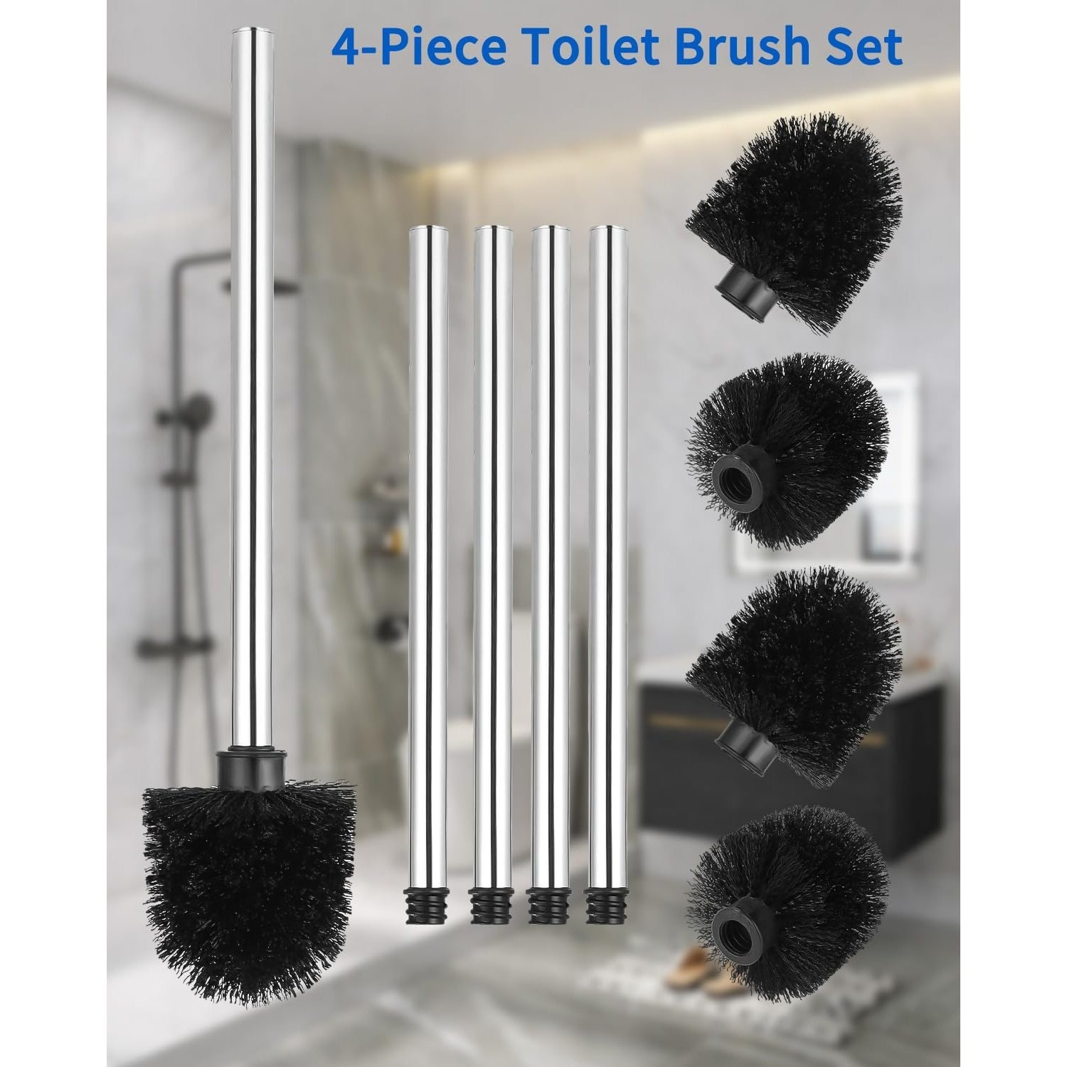 Image of 4 Pack Black Toilet Brushes, 7.5cm Diameter Rustproof Toilet Brush With Stainless Steel Handle, Removable Replacement Brush Head Bathroom Cleaning Tool
