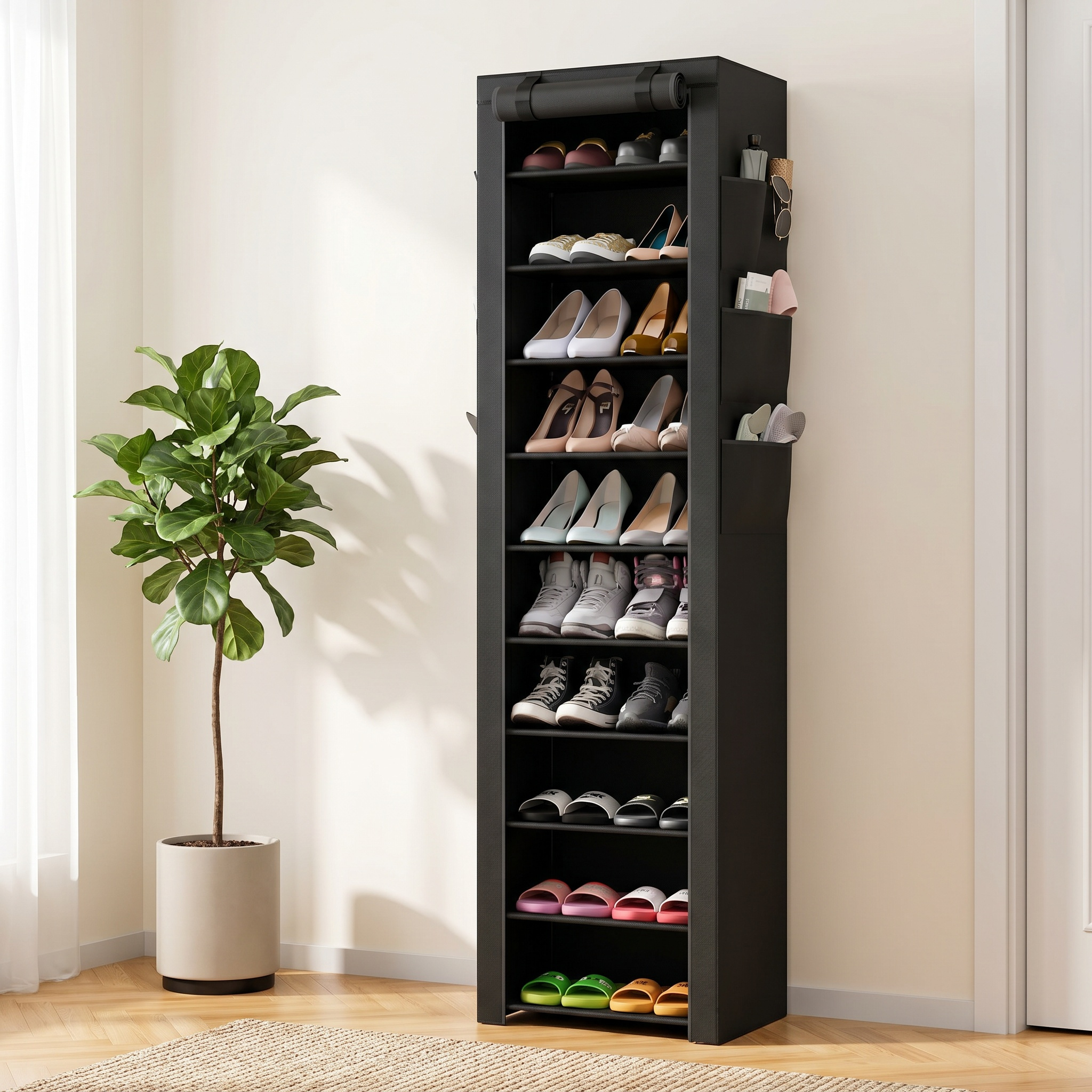 Image of 10‑tier Dustproof Shoe Rack With Side Pockets, 17.5×11.8×68.9 Inch Vertical Shoe Storage Organizer, 13mm Metal Frame Shoe Shelf For Entryway Bedroom Closet, Holds 20 Pairs Shoes