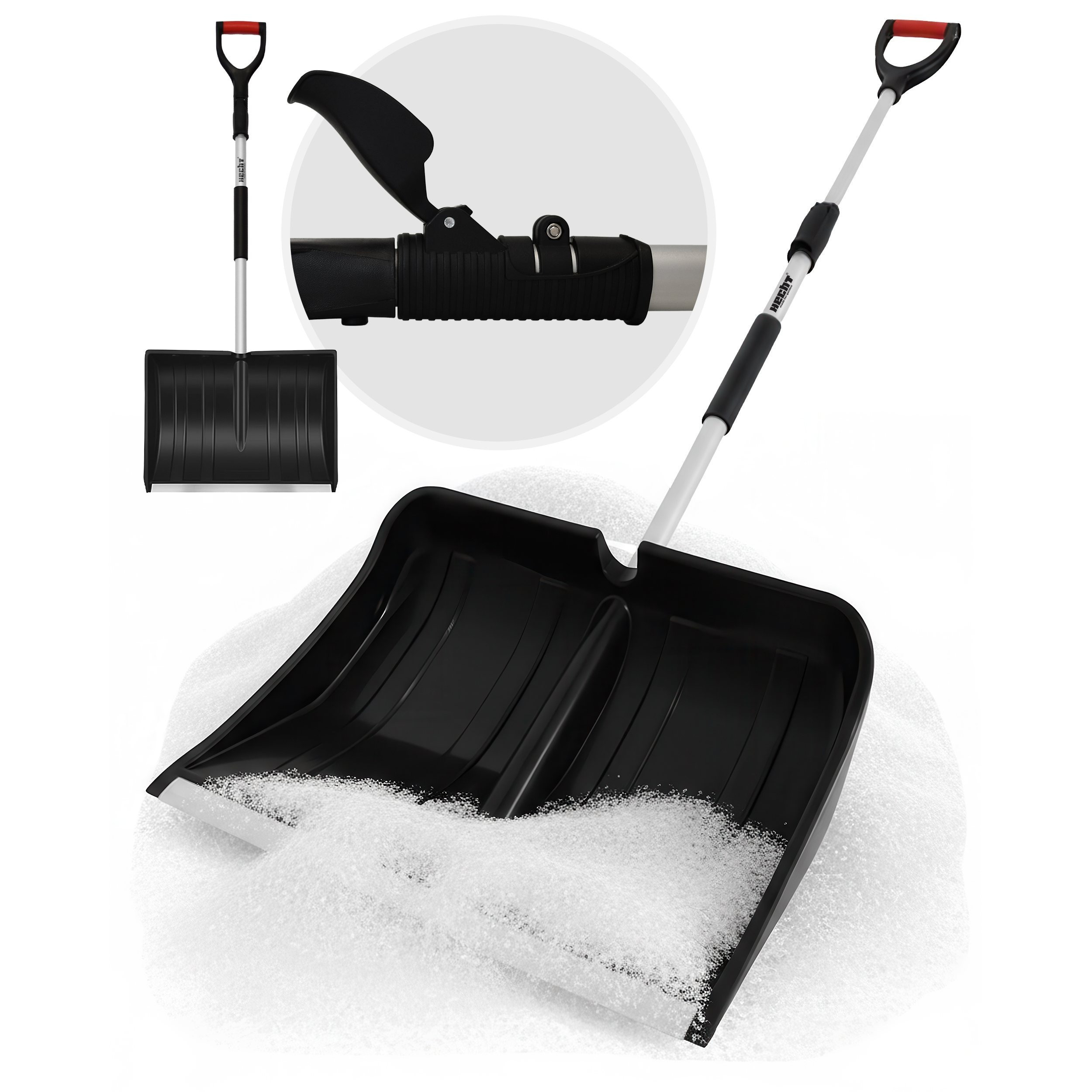 Image of Telescopic Snow Shovel 49 Cm Working Width With Aluminum Blade And Metal Edge – Snow Pusher With Handle Up To 155.5 Cm, Ergonomic D-handle, 38 Kg Weight For Sidewalk, Driveway, And Yard