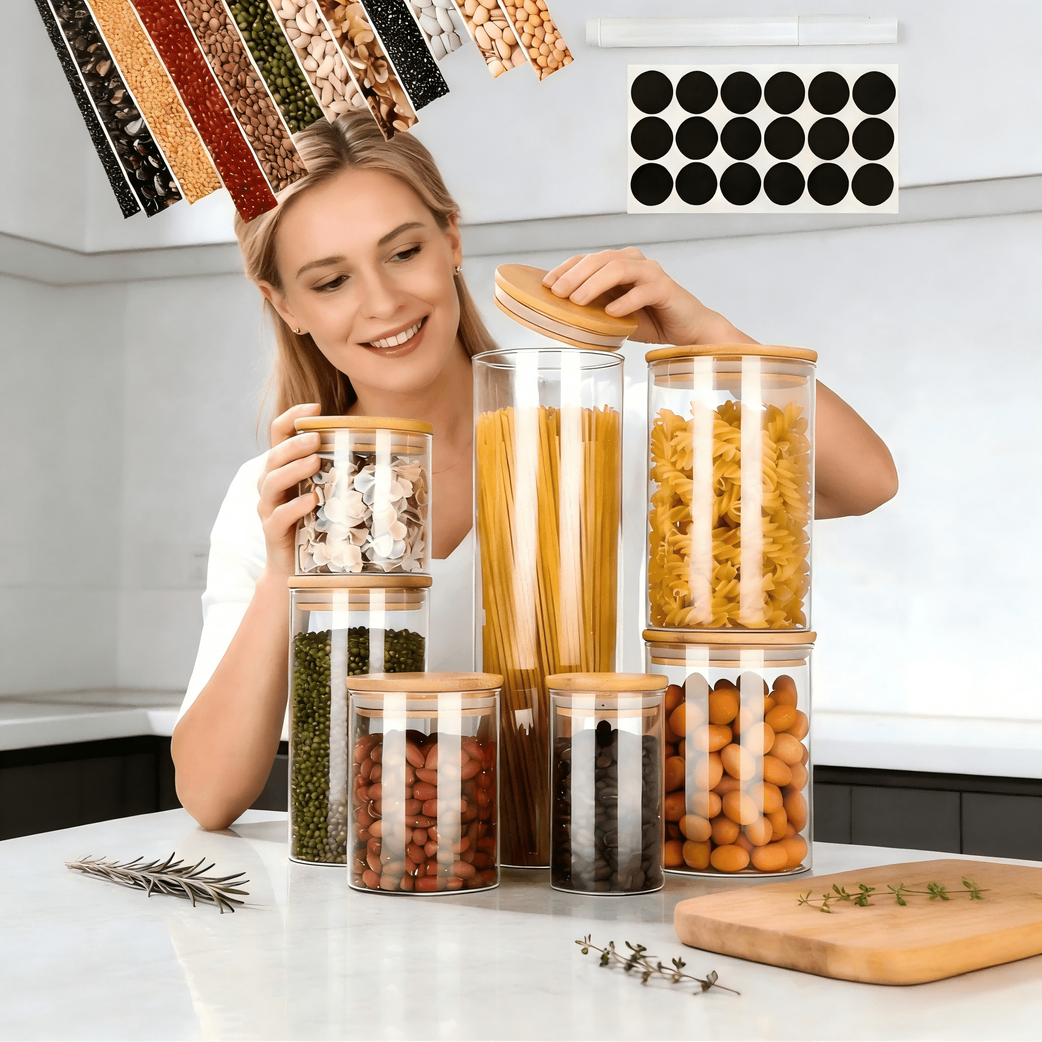 Image of 7-piece Glass Food Storage Container Set With Bamboo Lids, Airtight Round Glass Storage Jars, Microwave & Refrigerator Safe Kitchen Canisters For Spices, , Tea, Beans And Pasta