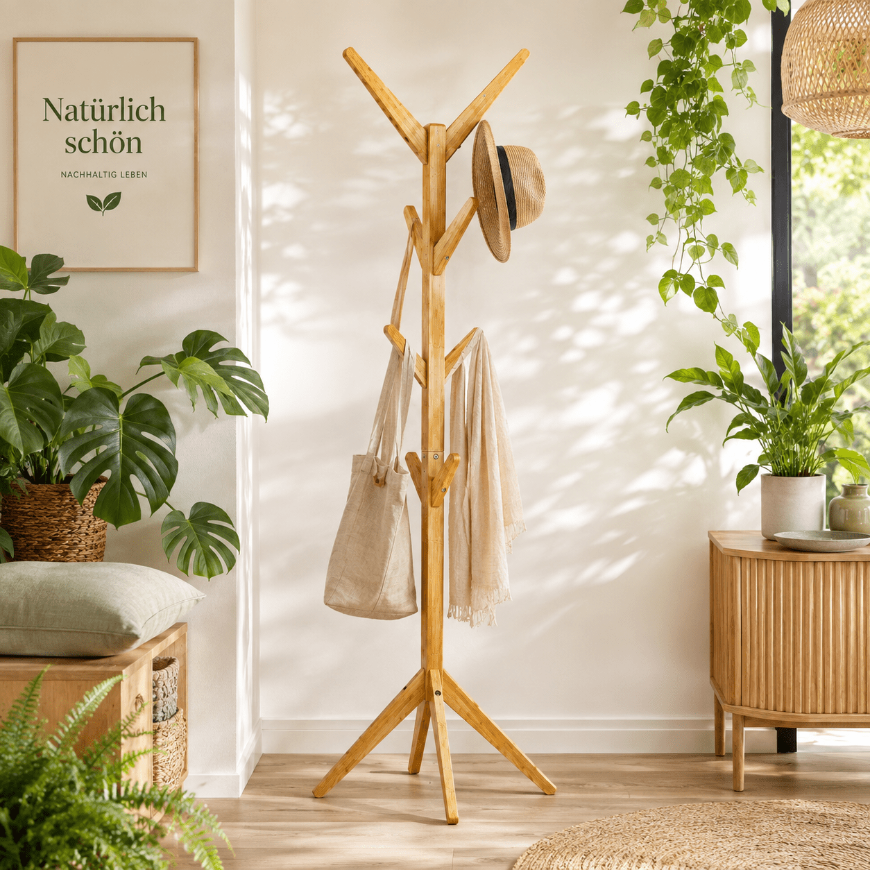 TEMU Bambus Kleiderständer mit 8 Haken – 168,5 cm Freistehende Garderobe mit stabilem 4-Fuß-Stand für Jacken, Mäntel, & Hüte, Flur & Schlafzimmer