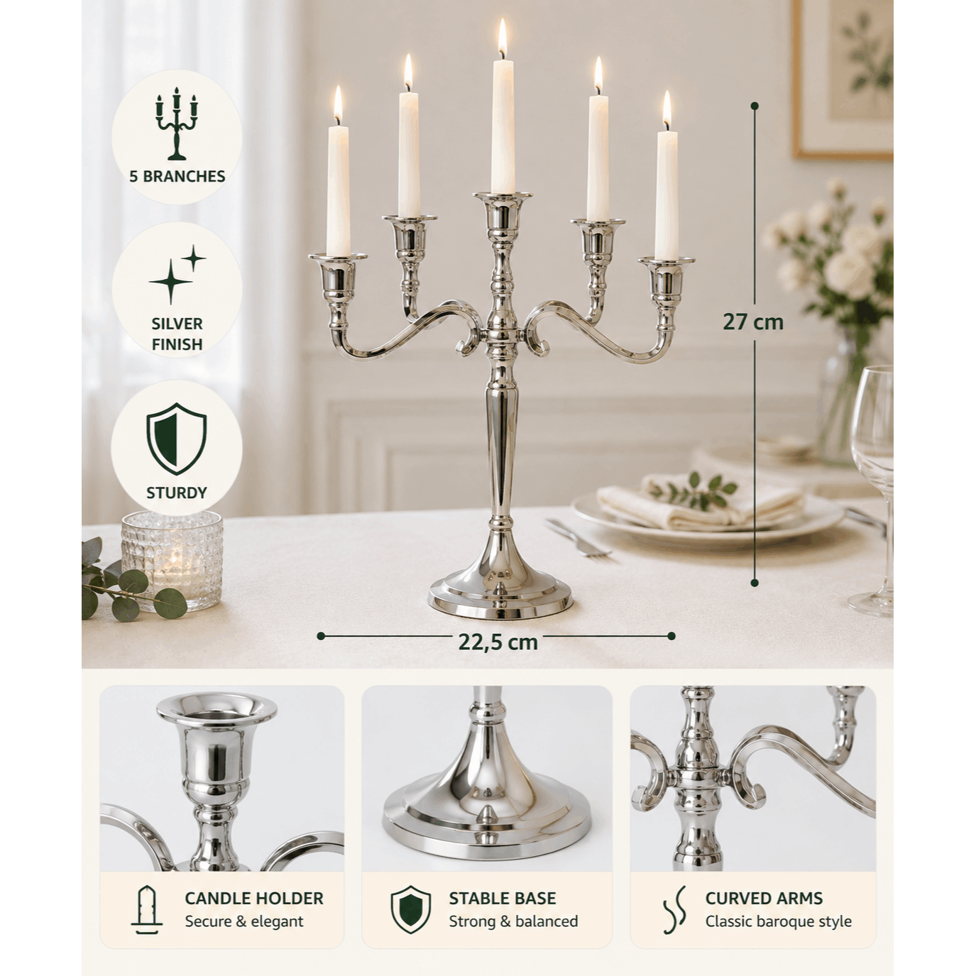 Image of Decorative 5-branch Metal Candle Holder, Silver Finish, Tabletop Model