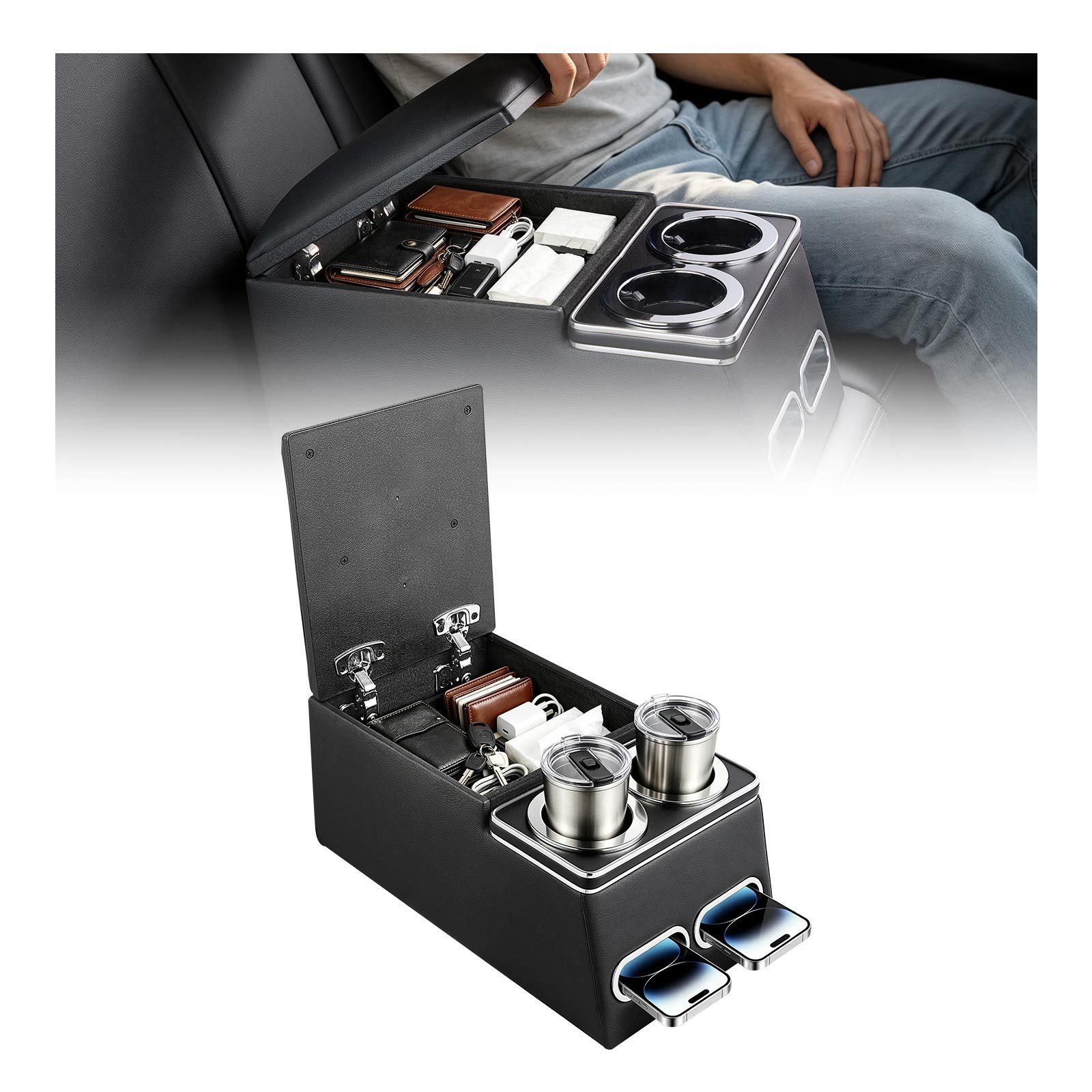 Image of Universal Rear Bench Seat Center Console Armrest Storage Box, Back Seat Tools Organizer With Cup & Phone Holders, Automotive For Mpv, Sedan, Suv