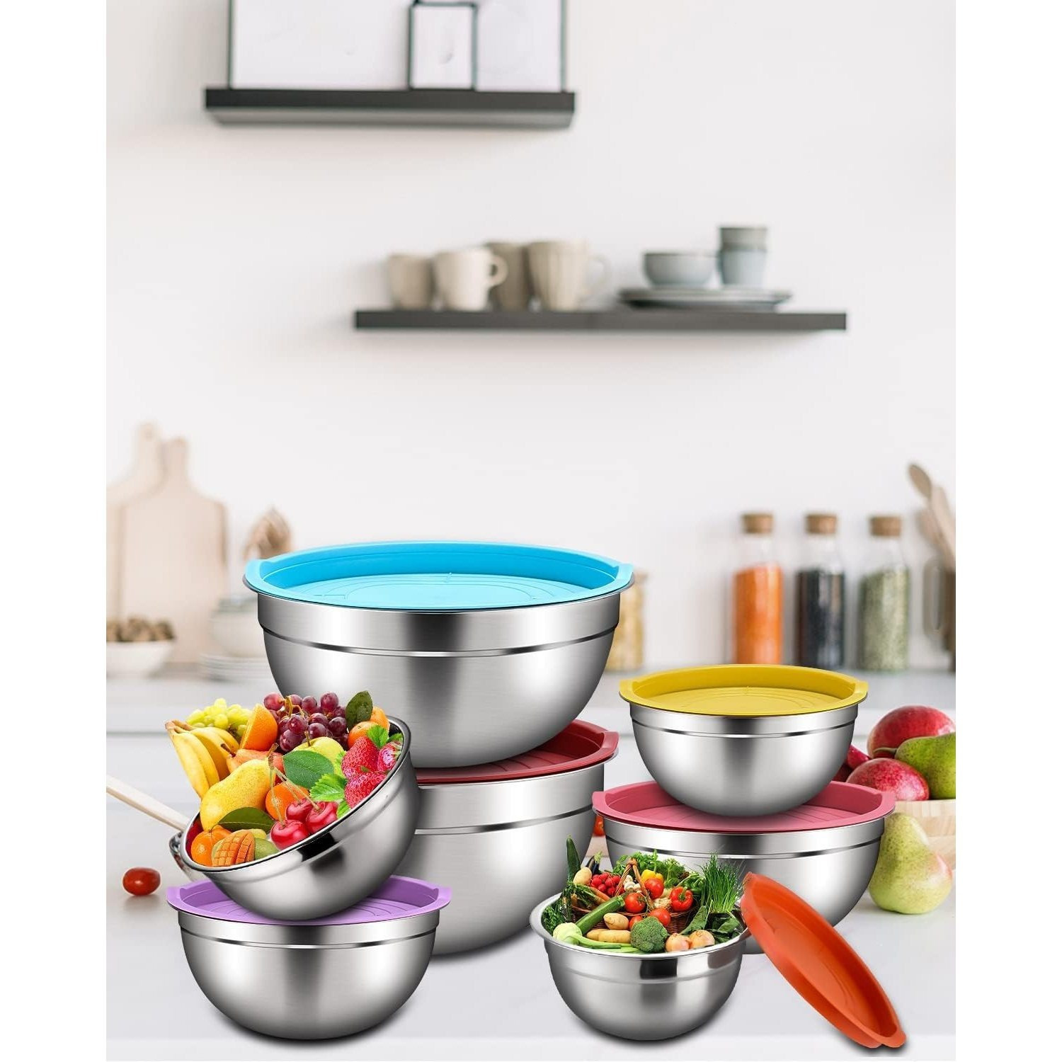7pcs Mixing Bowl Set, Stainless Steel Salad Bowl Set With Airtight Lids, Ideal For Cooking/baking/storage, Stackable And Dishwasher Safe