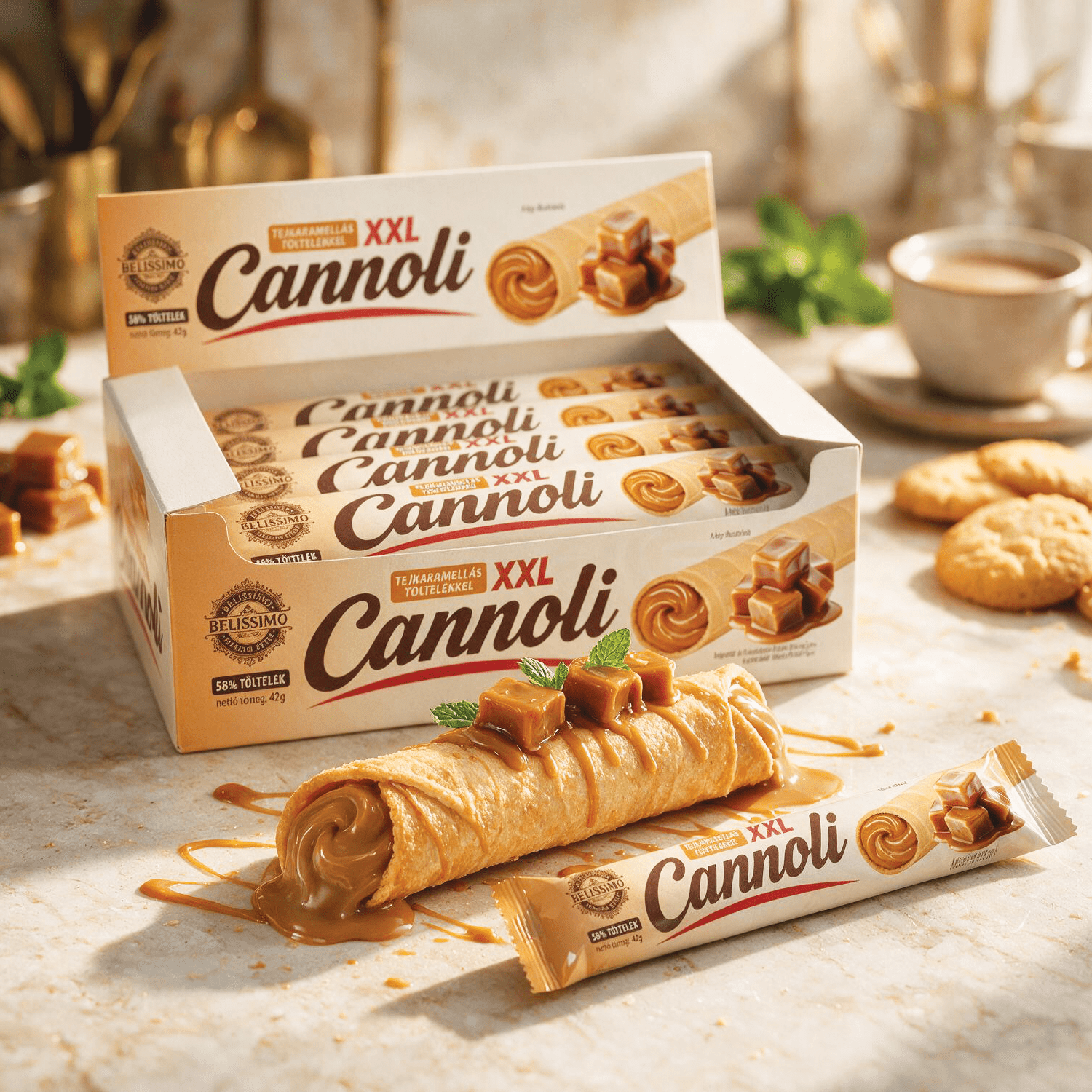 20pcs Pack Bellissimo Cannoli Xxl Giant – Crispy Wafer Sticks With Caramel Filling 20x42g