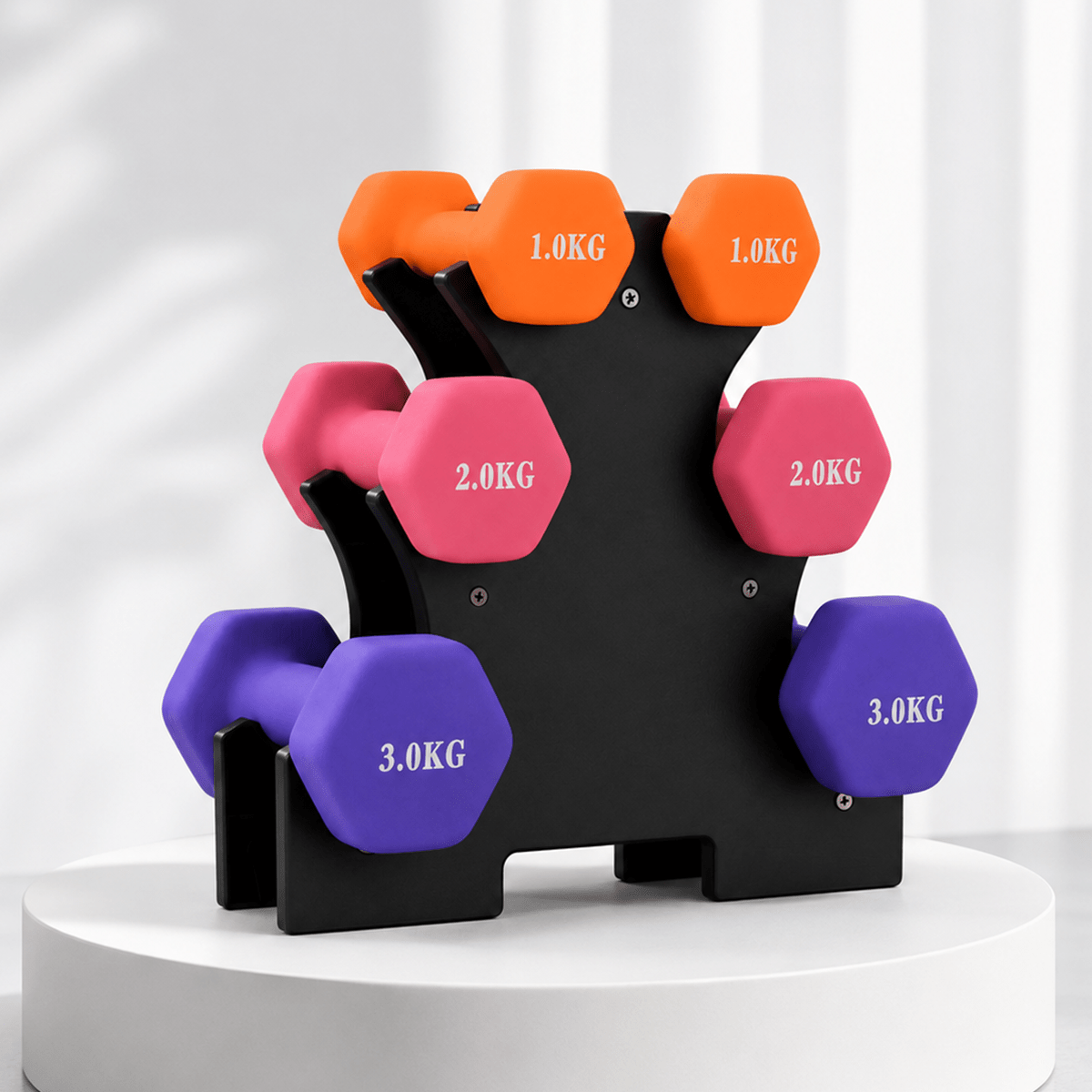 TEMU Juego de Mancuernas Hexagonales con Soporte, 2 x 1 kg + 2 x 2 kg + 2 x 3 kg, Set de Pesas con Rack de Almacenamiento, Mancuernas para Fitness y