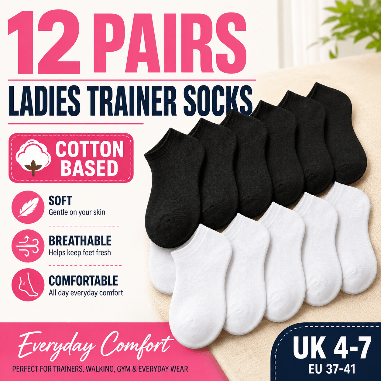 TEMU Ladies Cotton Based Trainer Socks 12 & 24 Pairs Women’s Low Cut Ankle Socks Soft Breathable Comfortable Everyday Sports Walking Gym Casual Socks