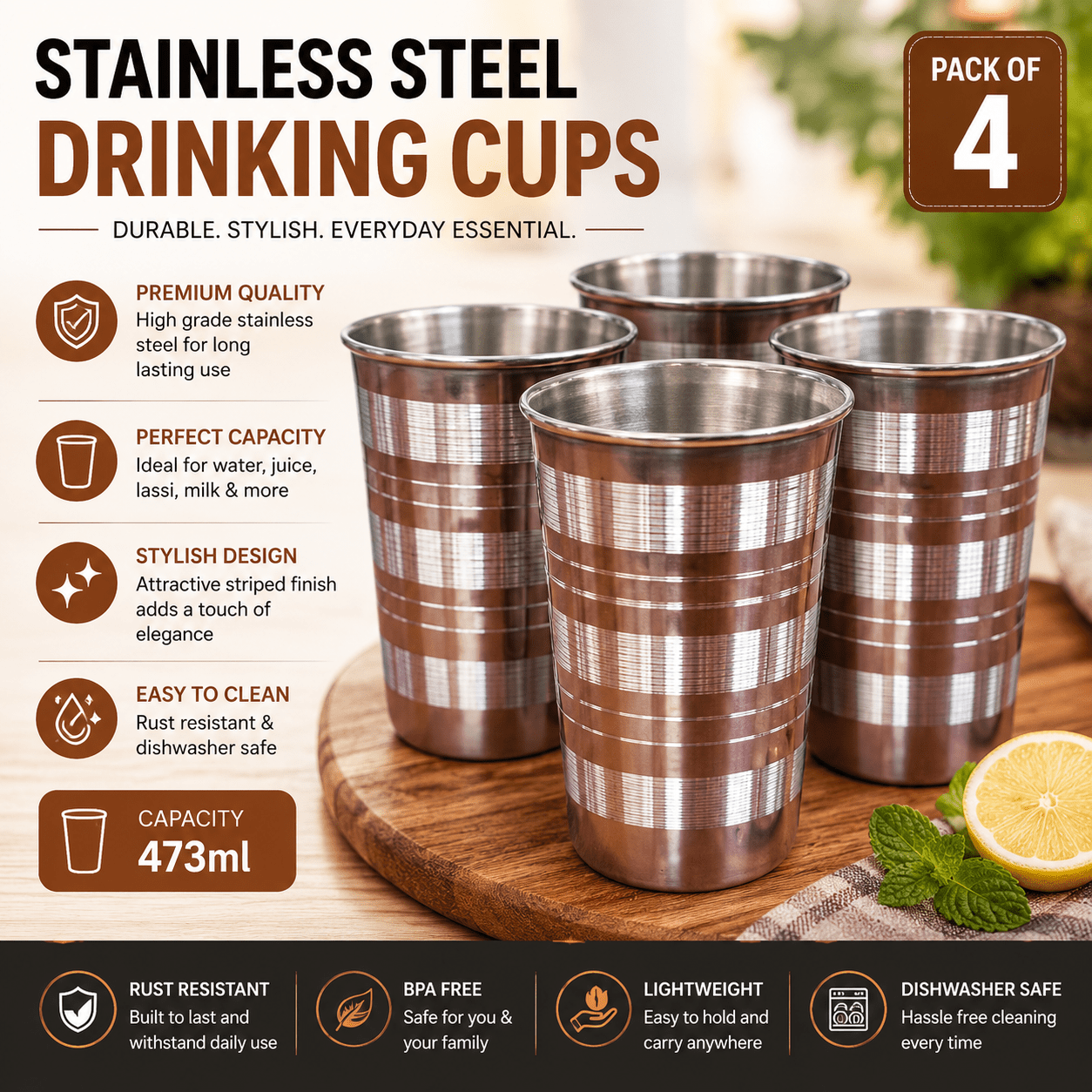 TEMU Set Of 4 Premium Stainless Steel Tumblers Cups Glasses. Unbreakable & Reusable