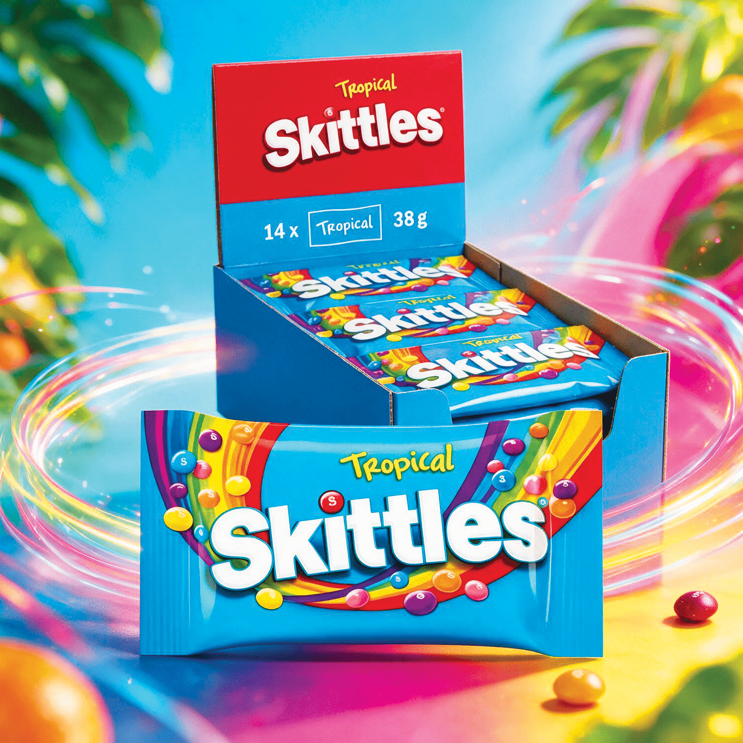 Image of 14-pack - Skittles Tropical - Mix Of Varieties Like Passion Fruit, Tropical Punch, Pineapple, Orange, And Banana Berry 14x38g