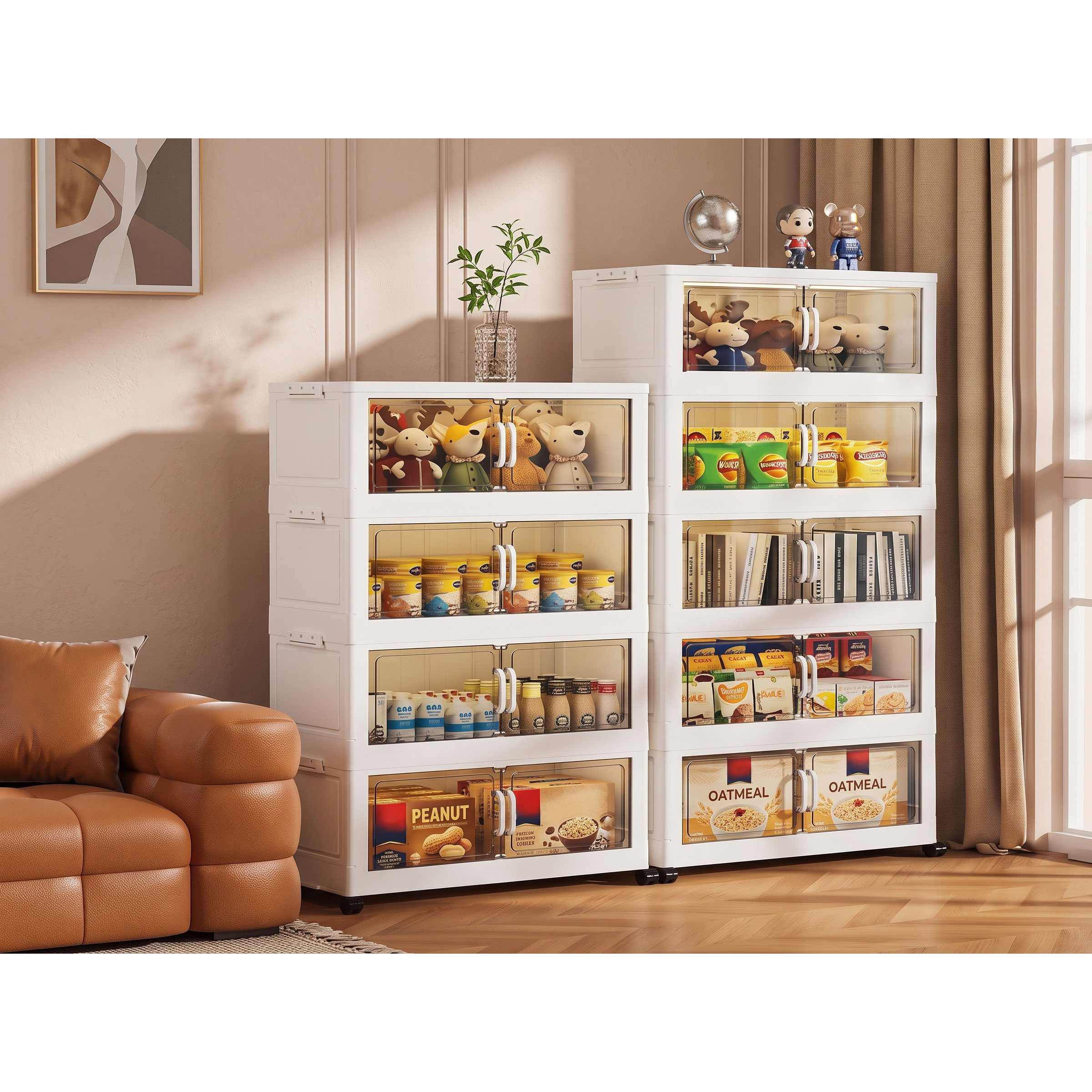TEMU Armadio Organizer Pieghevole a 5 Ripiani con Ruote �� Mobile Salvaspazio 96�40�20,5 cm con Ante Trasparenti, Maniglie Ergonomiche e Rotelle con
