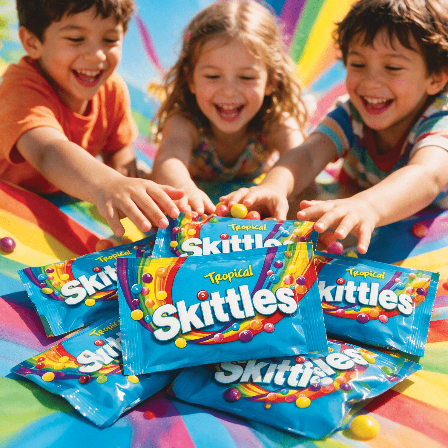 Image of 7-pack - Skittles Tropical - Mix Of Varieties Such As Passion Fruit, Tropical Punch, Pineapple, Orange, And Banana Berry 7x38g