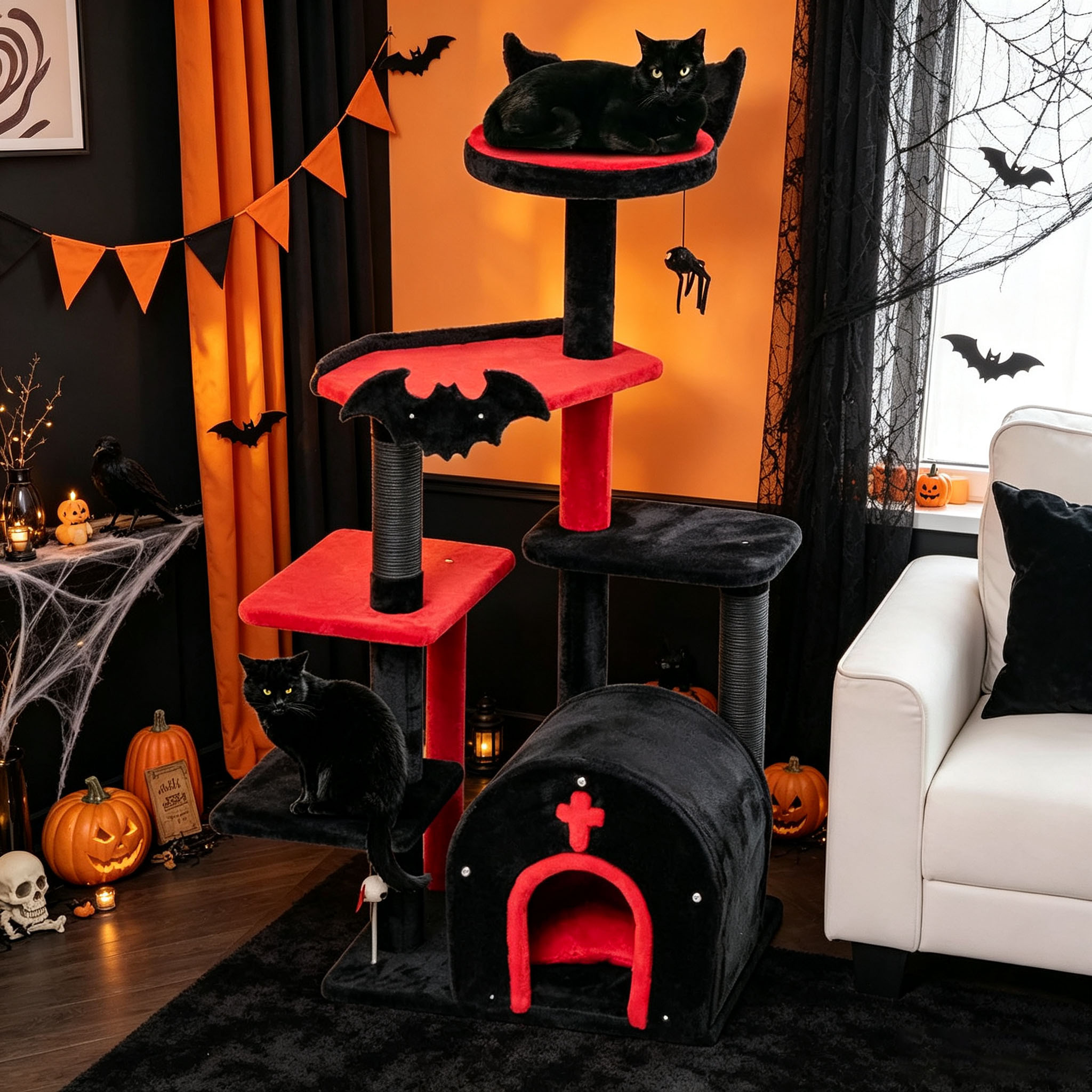 Large Gothic Cat Tree 6 Tier With Spacious Viewing Platform, 3 Jumping Platforms And Private Arch Cat House, Bobble And Shuttlecocks, Halloween Furniture For Cat
