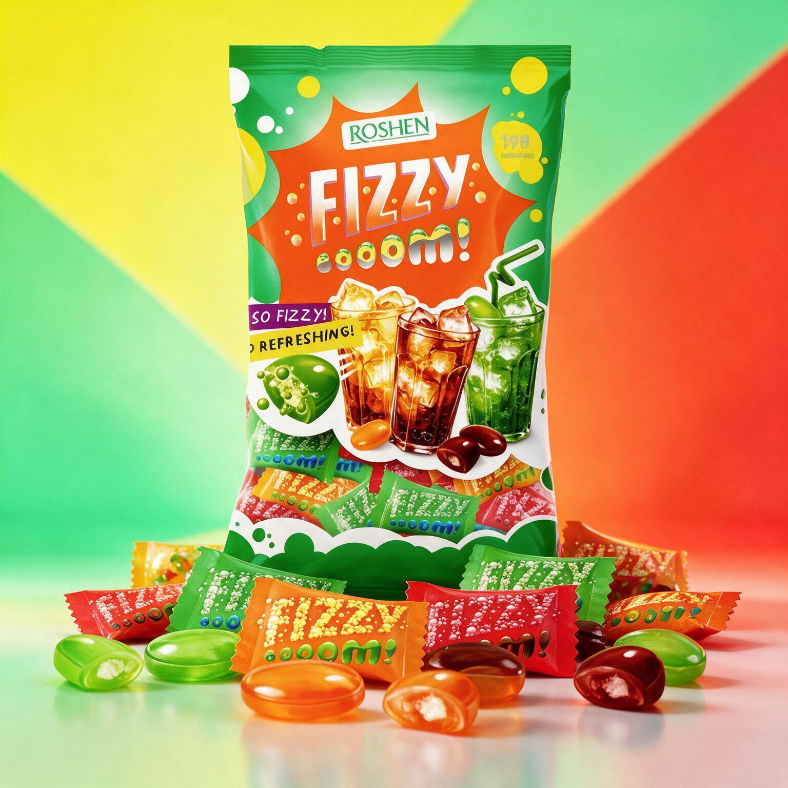 Image of 1 Kg Roshen Shipuchka "fizzy Boom" Fizzy Candy - Filled With Sparkling Fizzy Powder - Flavors Lime, Orange, And Classic Cola