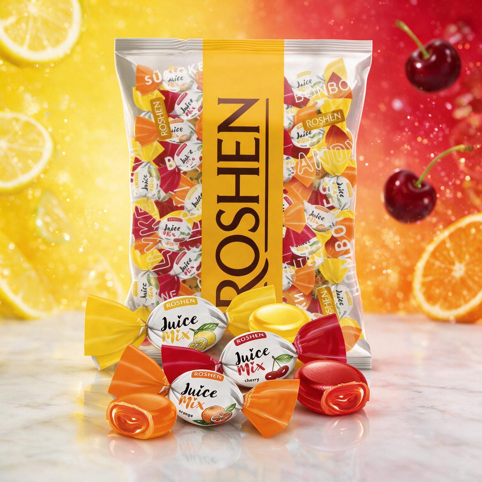 Roshen Juicy Drops 1kg - Hard Candy Mix With Orange, Lemon, And Cherry Flavors