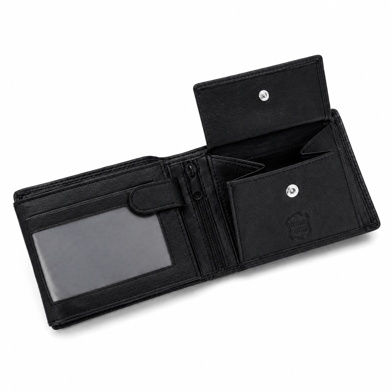 Men's Genuine Leather Wallet With Rfid Protection, 9 Card Slots, 3 Id Windows, Coin Pocket, And Zippered Compartment, Black