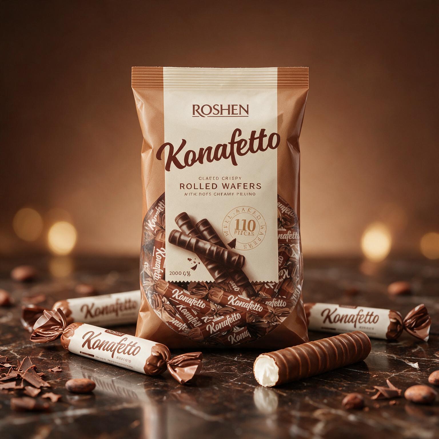 Image of Roshen Konafetto Bianco 1000g - Waffle Rolls With Cream Filling In Cocoa-containing Fat Glaze