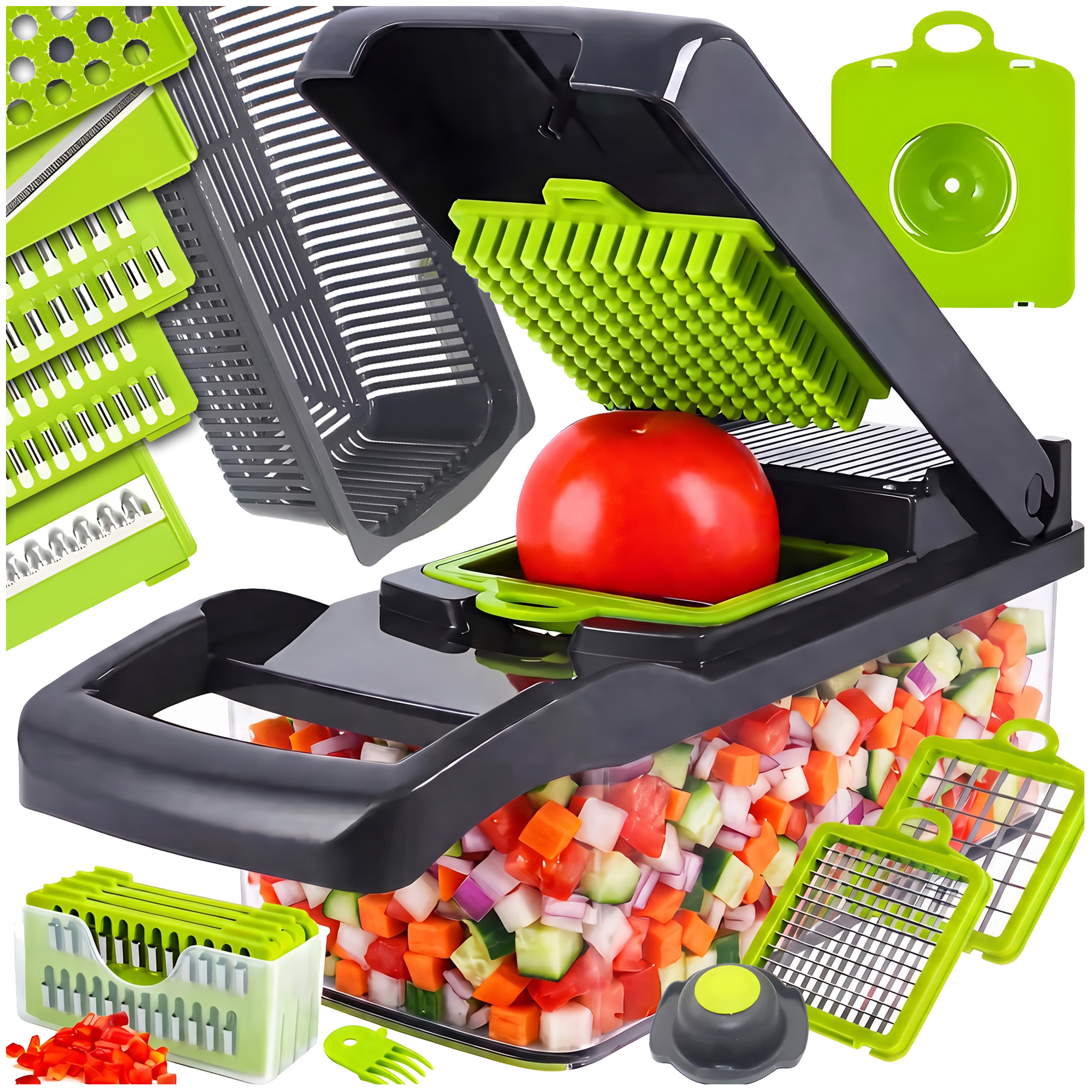 TEMU Multifunctional Manual Vegetable Fruit Chopper Grater 14 In 1. Handheld Kitchen Chopper With Container And Drip Basket. Set Of 14 Pieces With