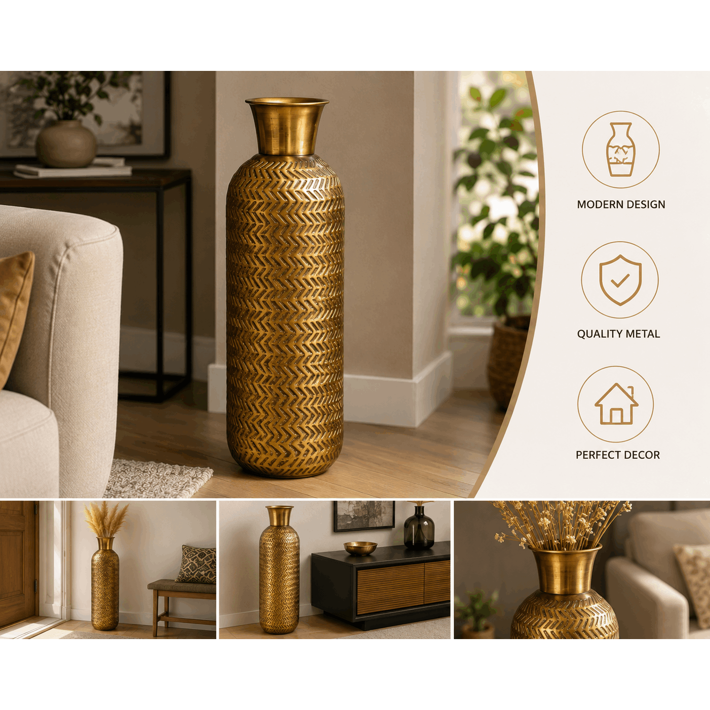 Large Decorative Gold Metal Vase With Relief Pattern – Modern Cylindrical Vase, H – Living Room & Interior Decor